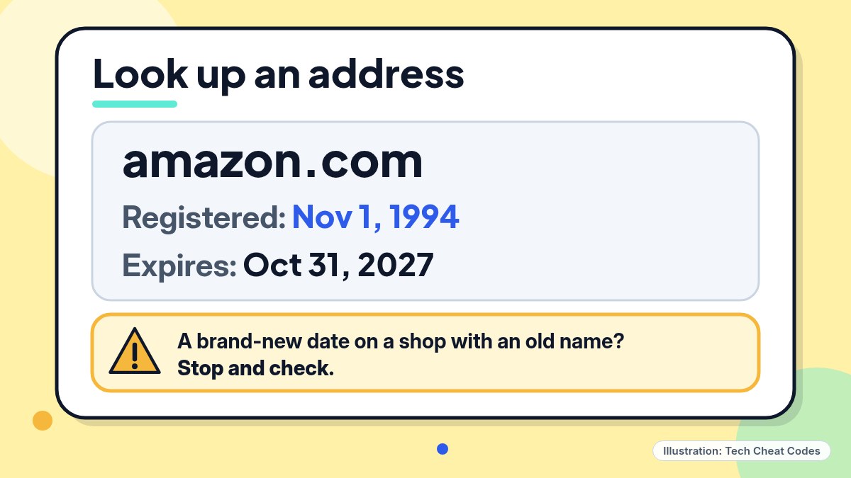 Illustration: a lookup card for amazon.com showing Registered Nov 1, 1994 and Expires Oct 31, 2027, with a note that a brand-new registration date on an old-name shop is a reason to stop.