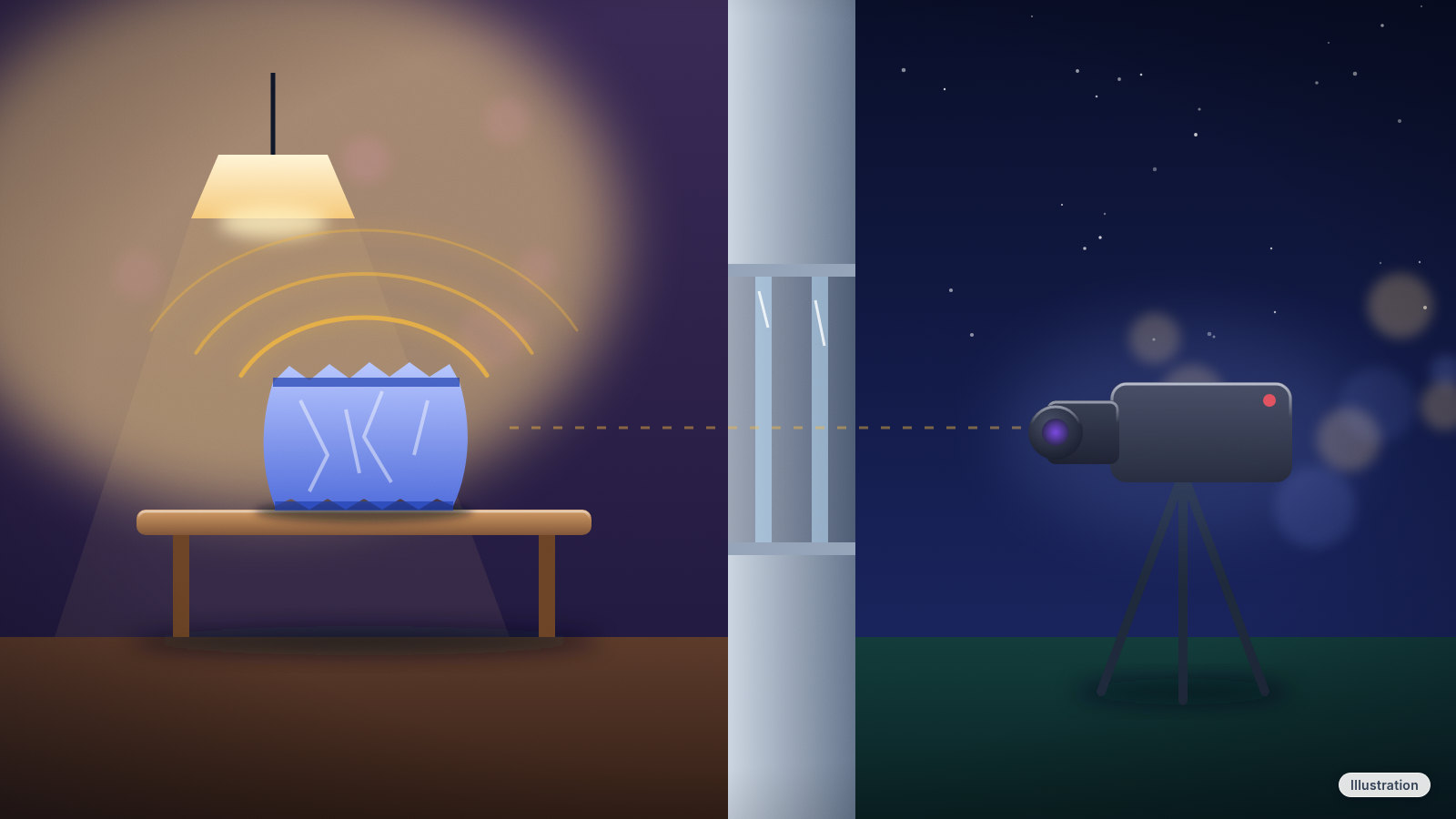 Illustration: a cutaway at night showing a crinkled snack bag on a lamp-lit table giving off faint sound ripples, a double-pane window in the wall, and a camera on a tripod outside aimed at the bag.