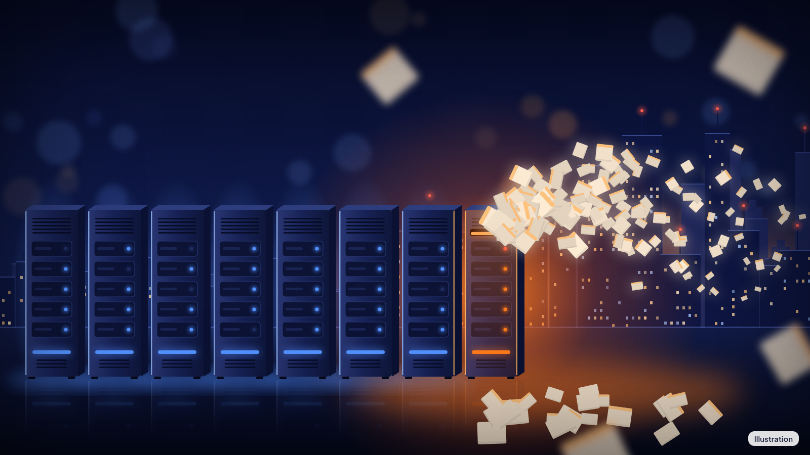 Illustration: a row of eight server towers, seven glowing calm blue and one glowing alarm orange, with a flood of paper order slips pouring out of the orange one toward a city skyline.