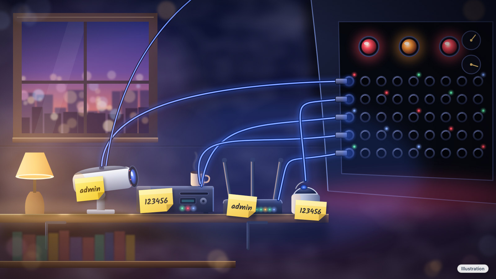 Illustration: a shelf of ordinary security cameras, a DVR box and a router, each with a sticky note reading admin or 123456, all wired up to one glowing dark switchboard.