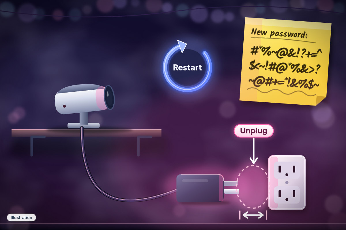 Illustration: a home security camera with its plug pulled from the wall outlet, a Restart arrow, and a sticky note with a long new password.