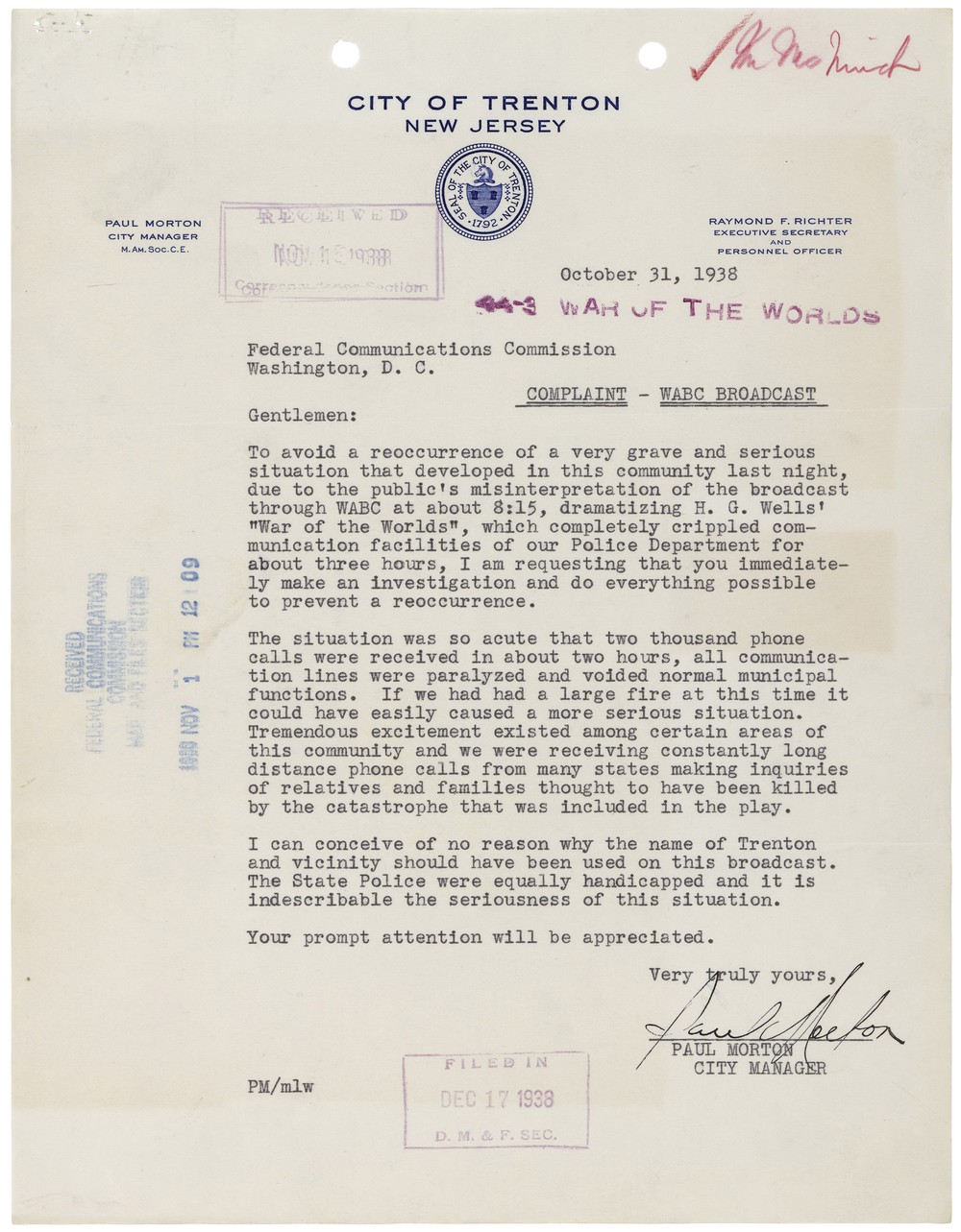 Scan: a typed letter on City of Trenton, New Jersey letterhead, dated Oct. 31, 1938, headed 'Complaint - WABC Broadcast' and stamped 'War of the Worlds'.