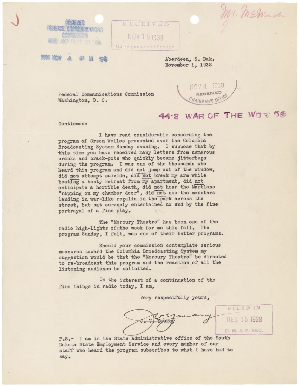 Scan: a typed letter dated Nov. 1, 1938, from Aberdeen, South Dakota, to the Federal Communications Commission, with the word 'not' underlined several times and stamped 'War of the Worlds'.