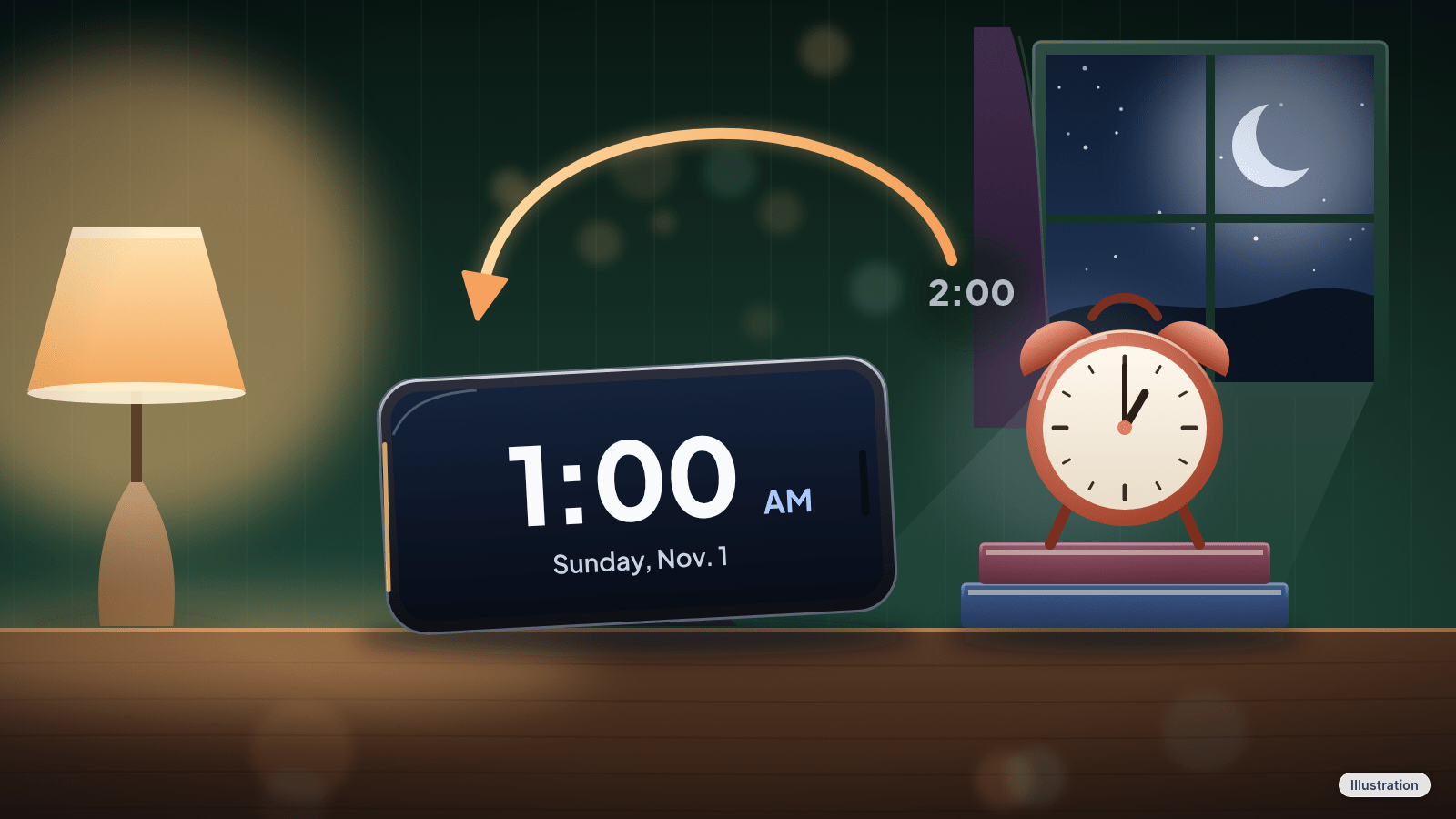 Illustration: A phone showing 1:00 with a curved arrow turning back from 2:00, beside a bedside alarm clock.