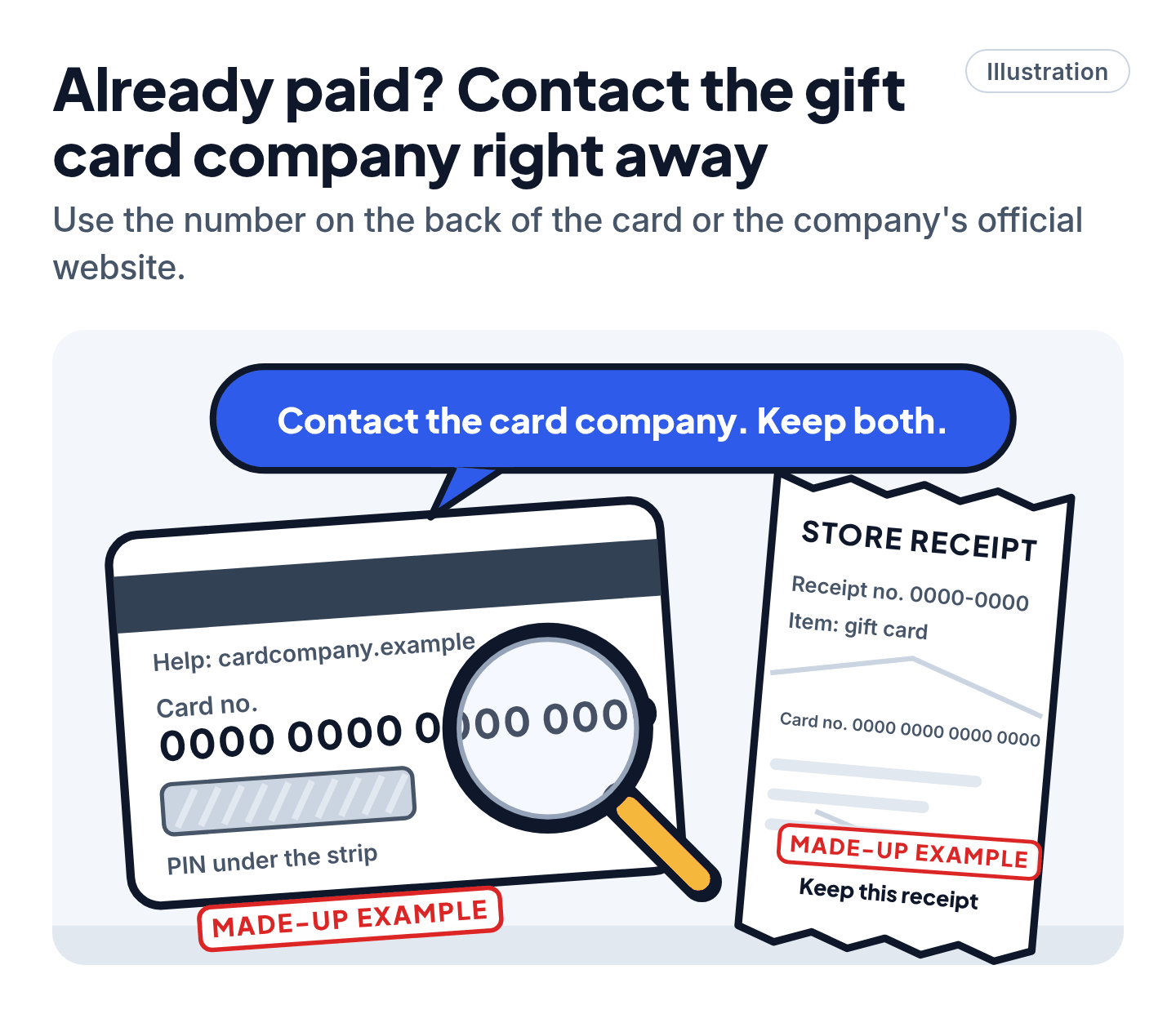 Illustration of the back of a gift card beside a store receipt, under a magnifying glass, with a speech bubble saying Contact the card company. Keep both.