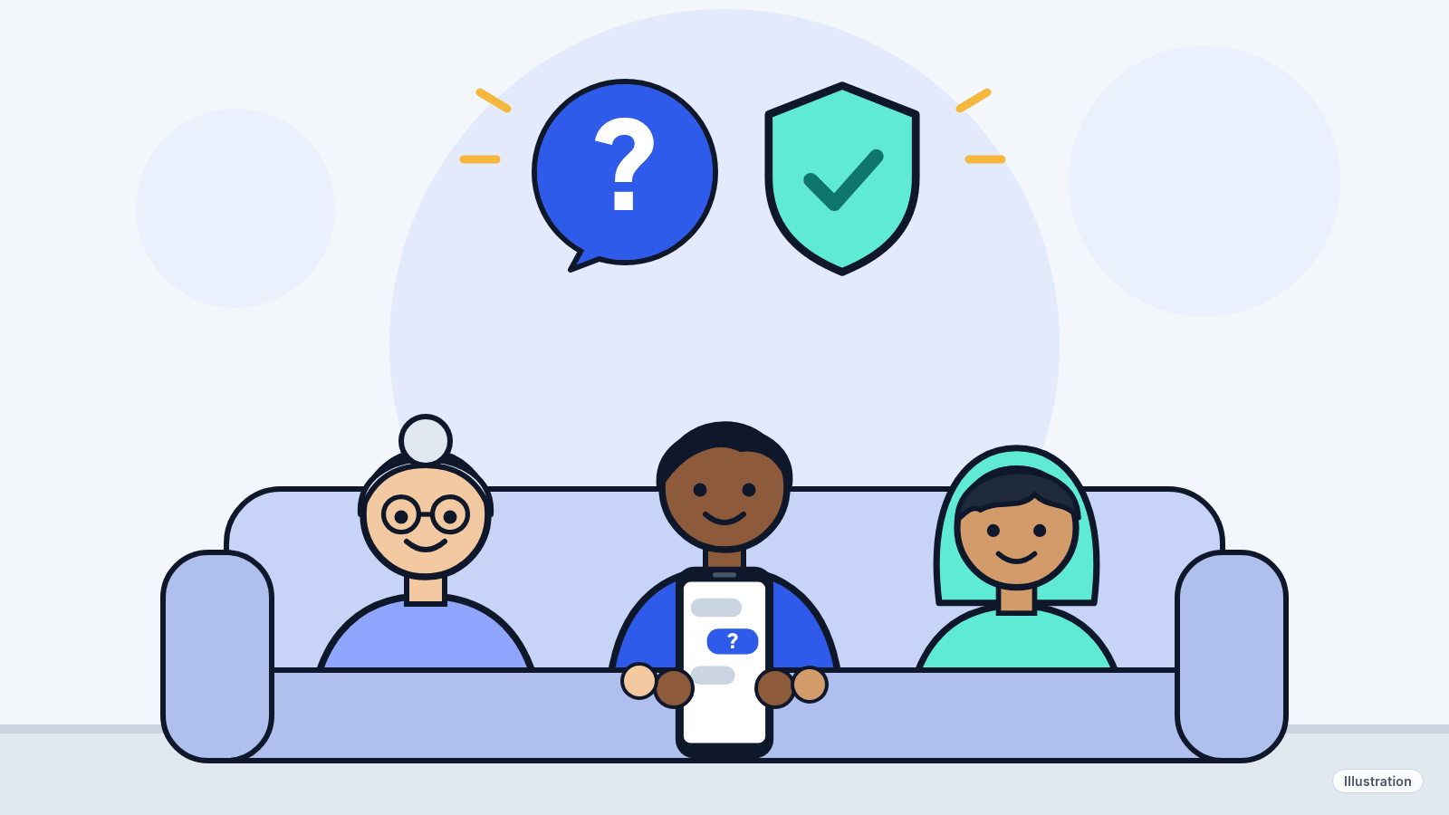 Illustration: a grandparent, a parent and a teenager looking at one phone together, with a large question mark and a shield above them.