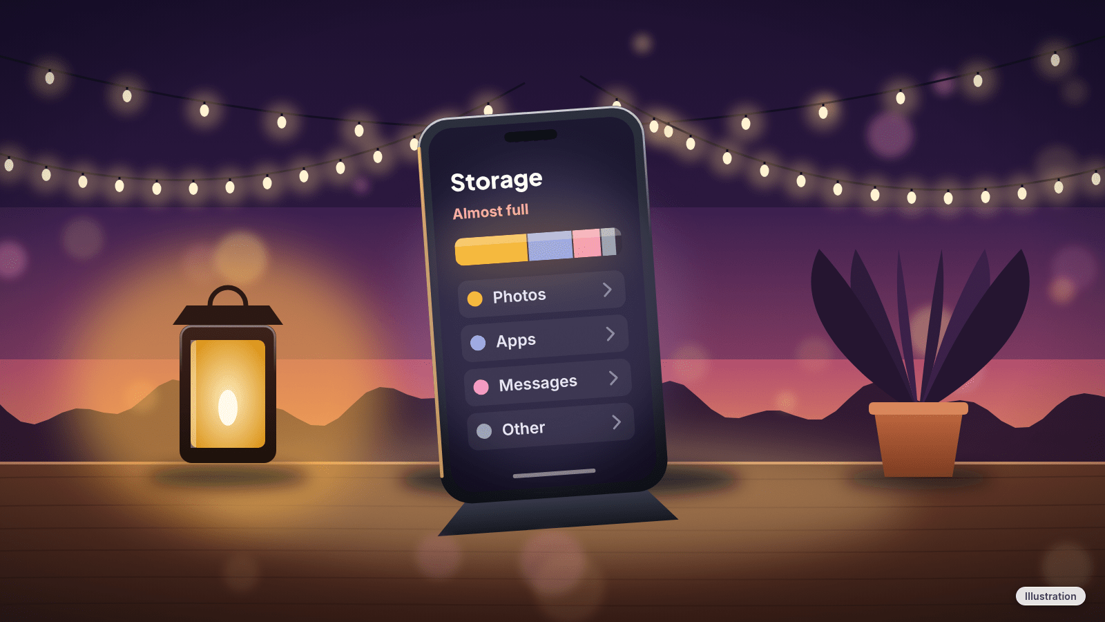 Illustration: A phone showing a nearly full storage bar split into colored sections for photos, apps and messages.
