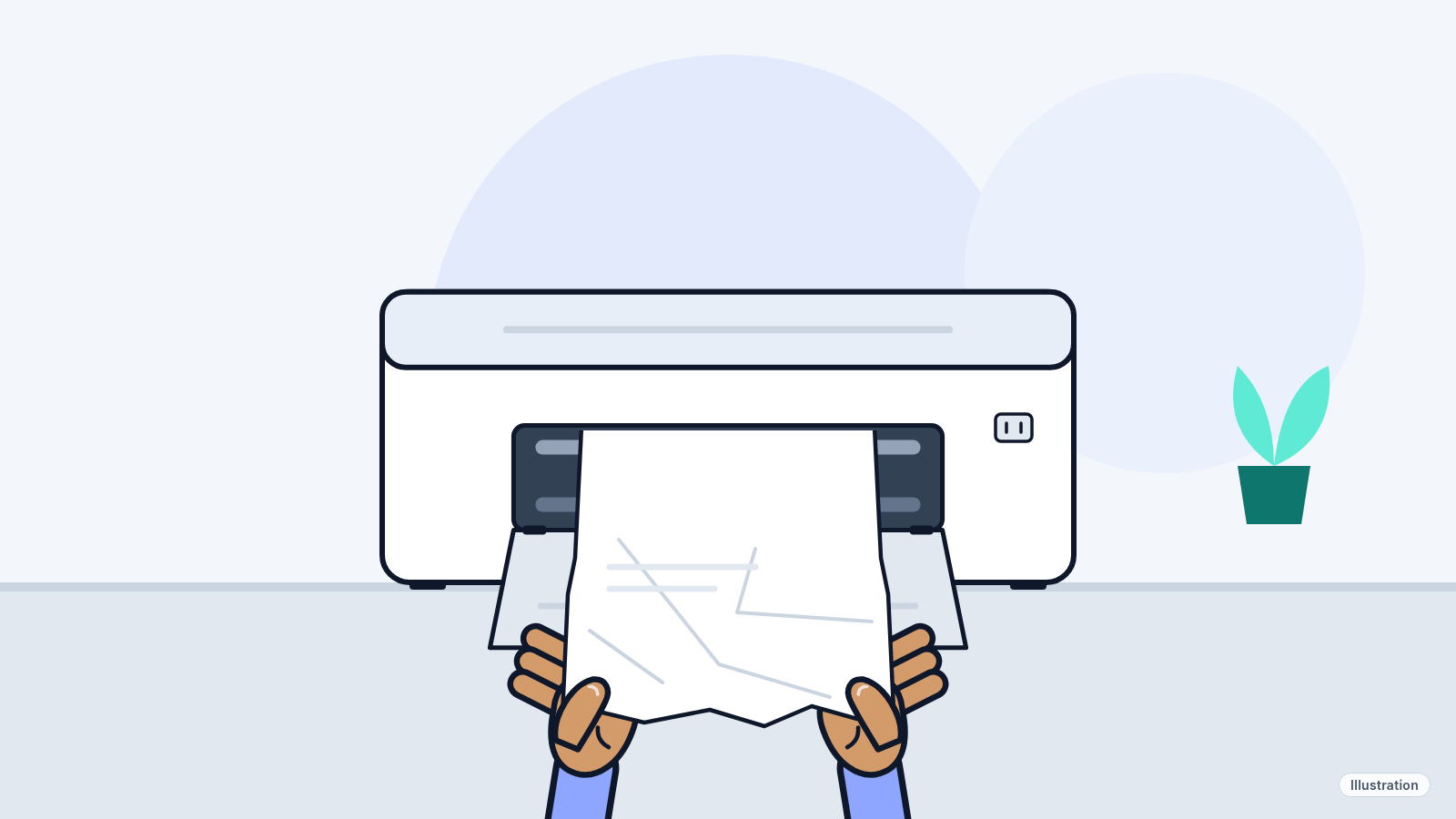 Illustration: a home inkjet printer with its back cover open and a crumpled sheet of paper being pulled out slowly with both hands.