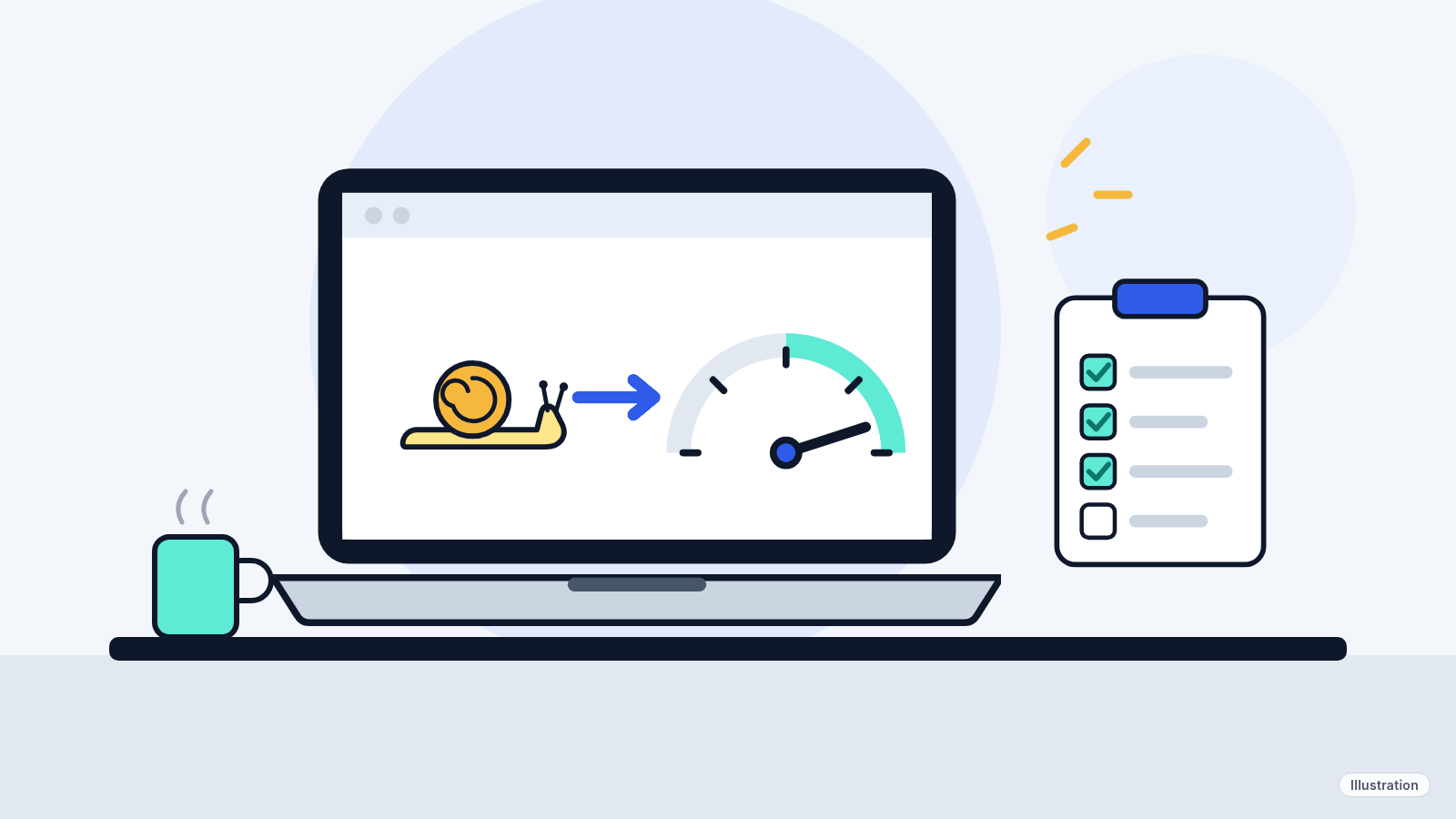 Illustration: a laptop with a snail on its screen turning into a speed gauge, next to a checklist.