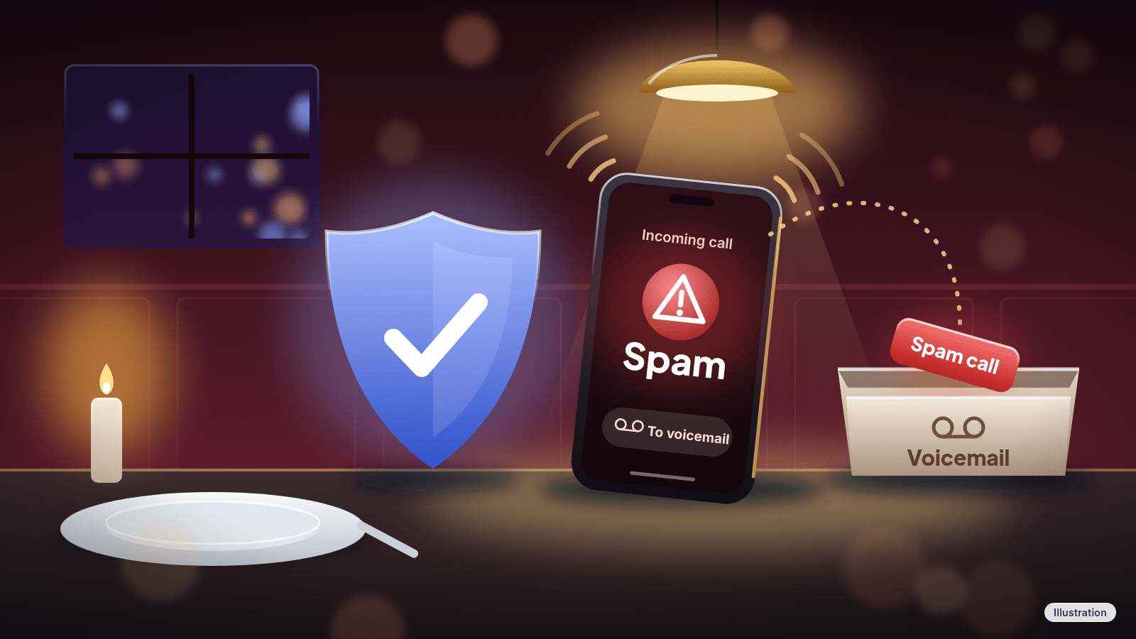 Illustration: A ringing phone with an incoming call labeled "Spam" being sent to a voicemail tray, with a shield beside it.