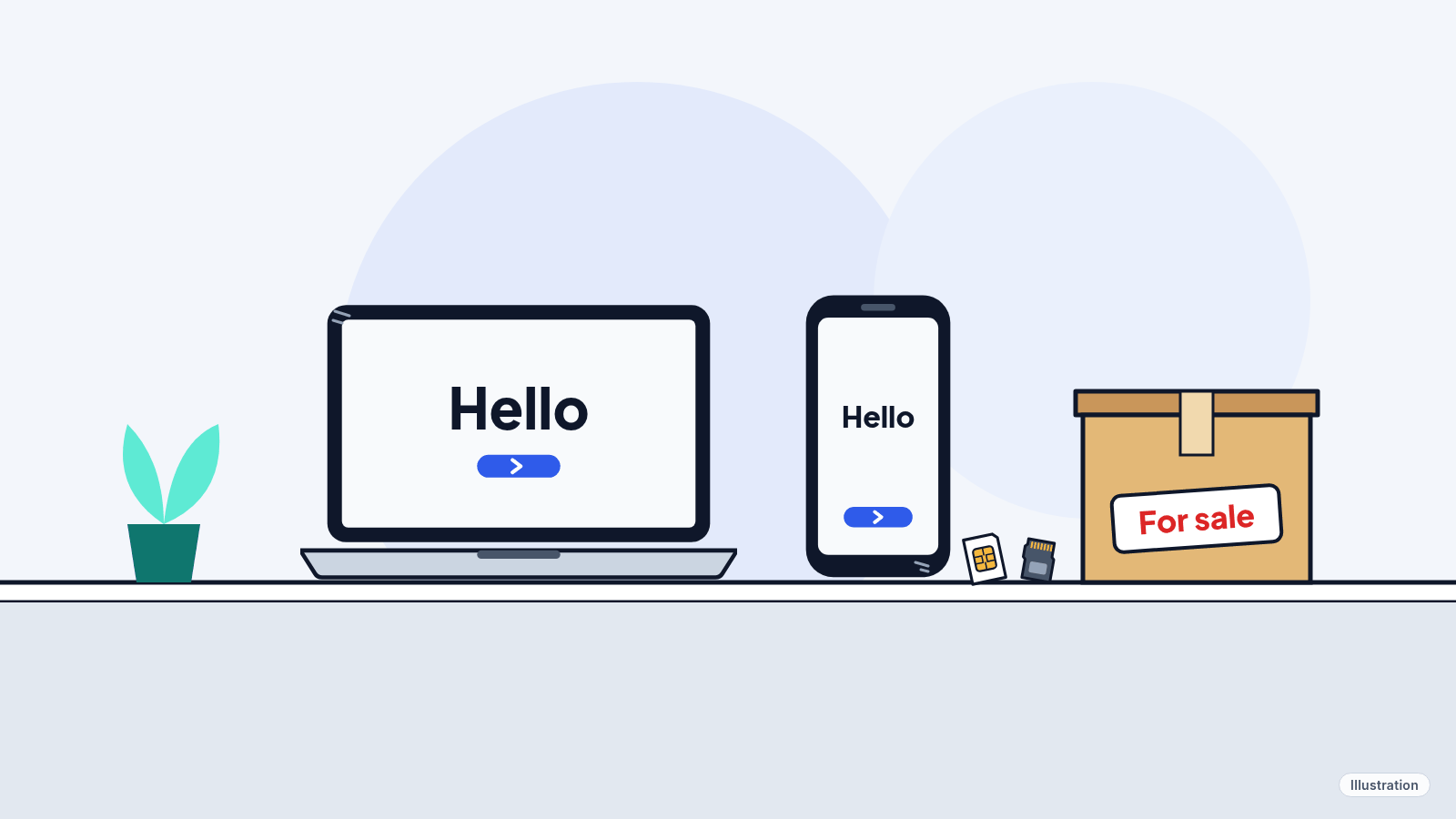 Illustration: an old phone and an old laptop on a table, each showing a Hello setup screen, next to a removed SIM card, a memory card and a box marked for sale.