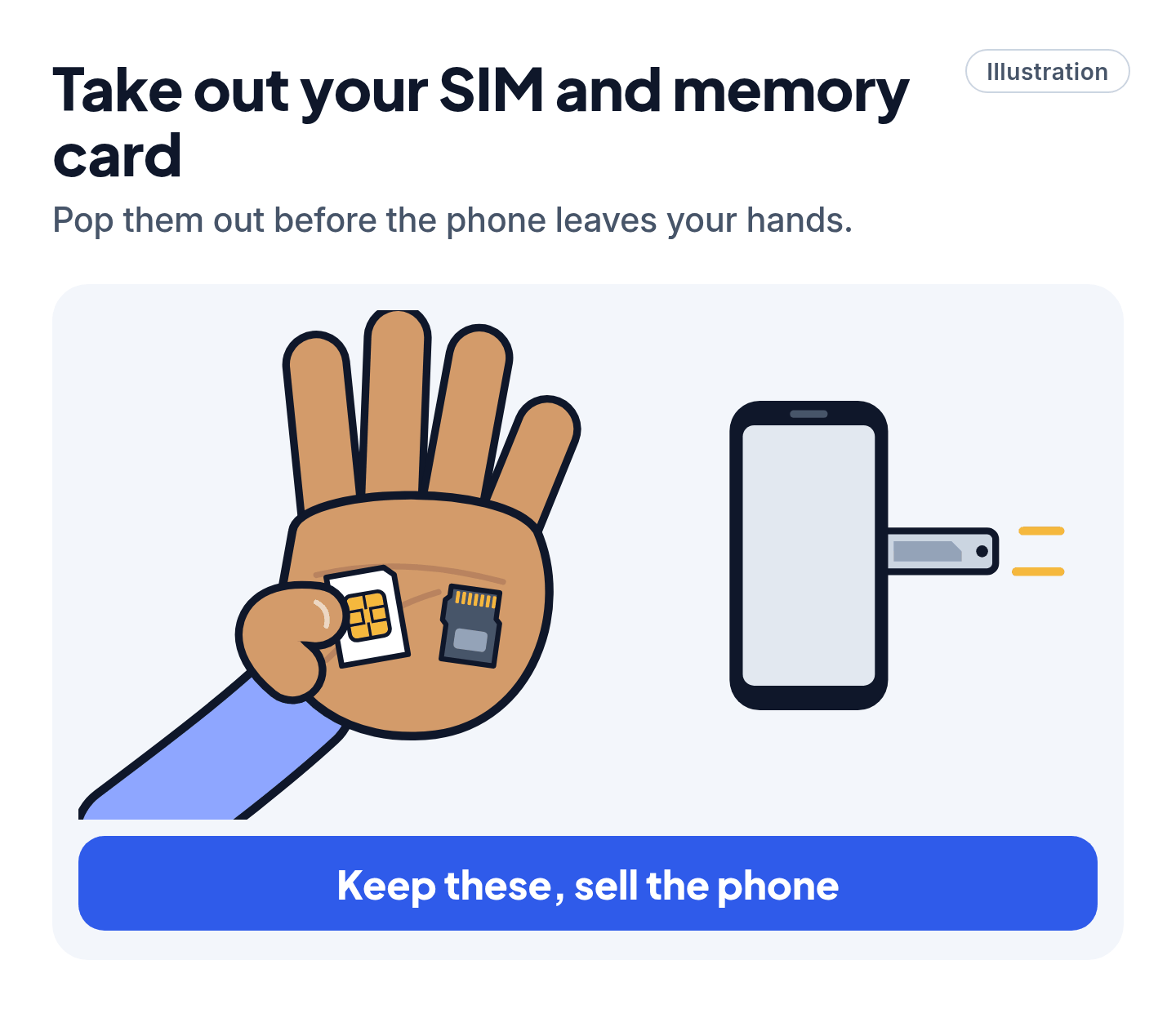Illustration of an open hand holding a SIM card and a microSD card next to a phone with a blank screen and its SIM tray pulled out, and the caption Keep these, sell the phone.