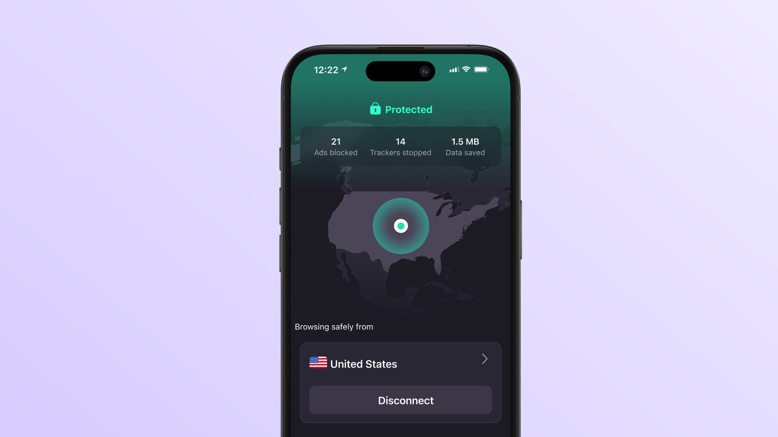 Screenshot: Proton VPN app on an iPhone showing a Protected status, United States as the connected country and a Disconnect button.