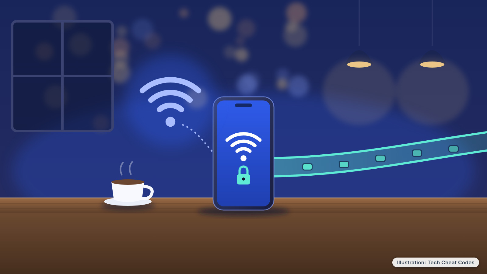 Illustration: A phone on a cafe table connected to a Wi-Fi symbol, with a tunnel line running from the phone off the edge of the picture.