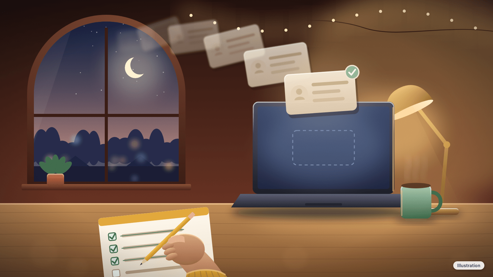 Illustration: A hand checks off a paper checklist at a cozy desk while blank profile cards float up out of a laptop and fade away toward a night window.