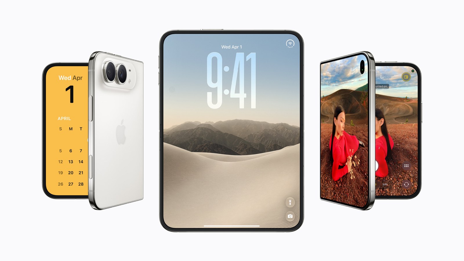 Three white iPhone Duo phones: one closed and seen from the back, one fully open with its large inner screen facing forward, and one open at an angle with the camera on screen.