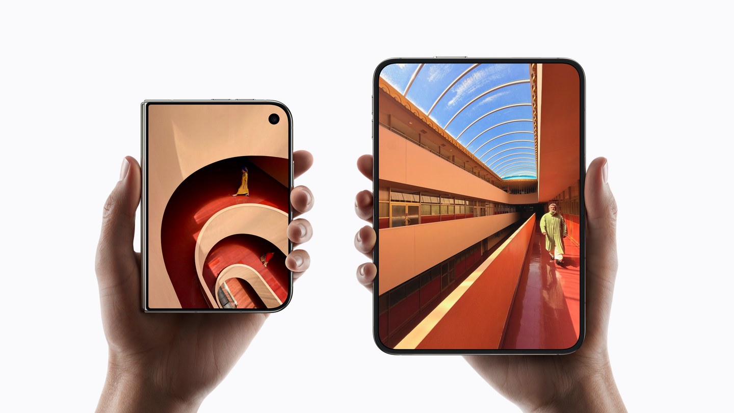 iPhone Duo held up in two hands, side by side: closed on the left with its smaller outer screen, and open on the right with its larger inner screen.