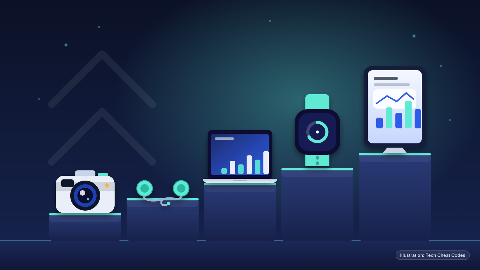 Illustration: a small camera, wired round earbuds, a thin laptop, a watch-style tracker and a tablet standing on five rising pedestals on a dark stage.