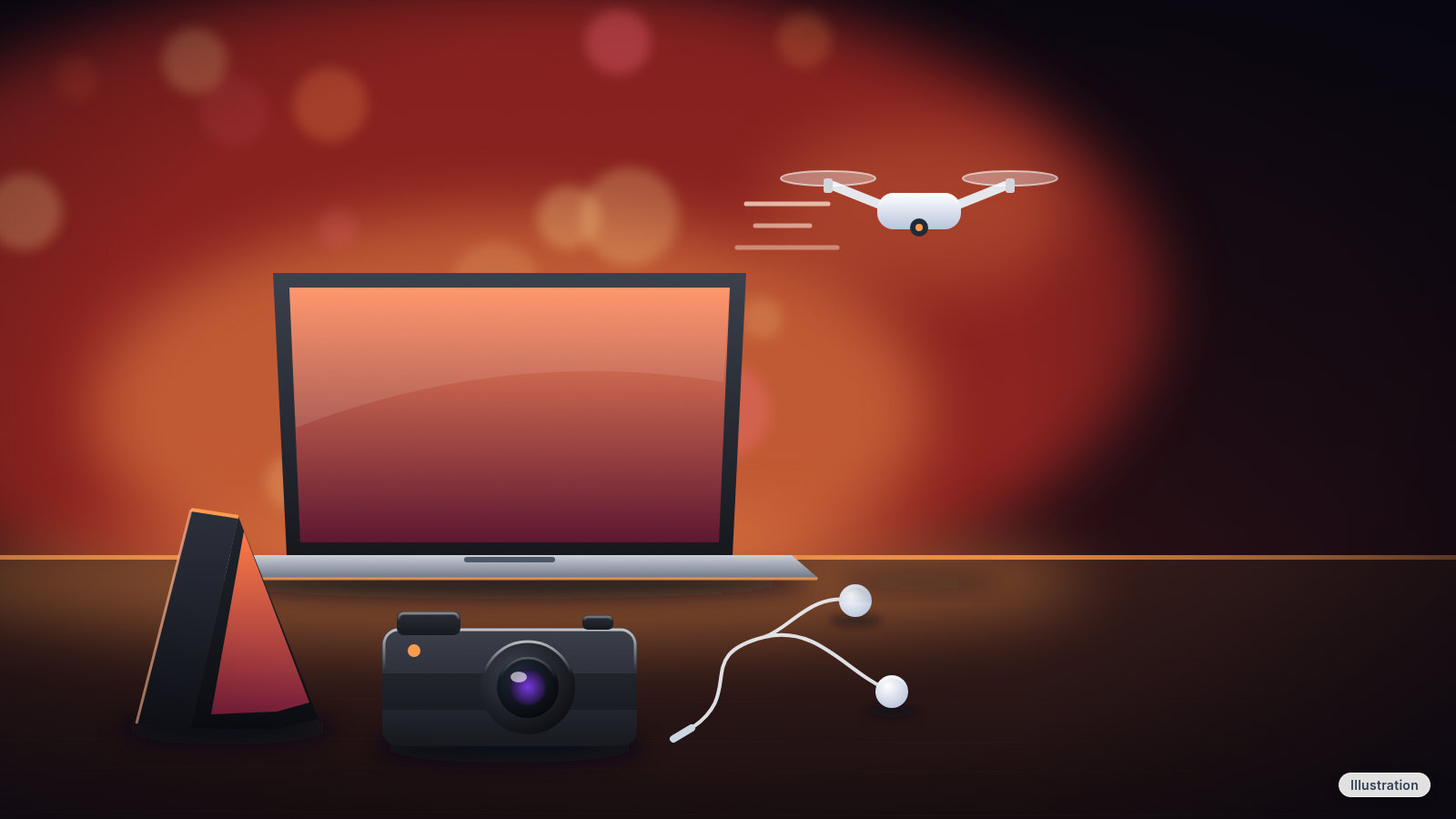 Illustration of a folding phone, a compact camera, a small drone, a laptop and wired earbuds lit up on a desk at night.