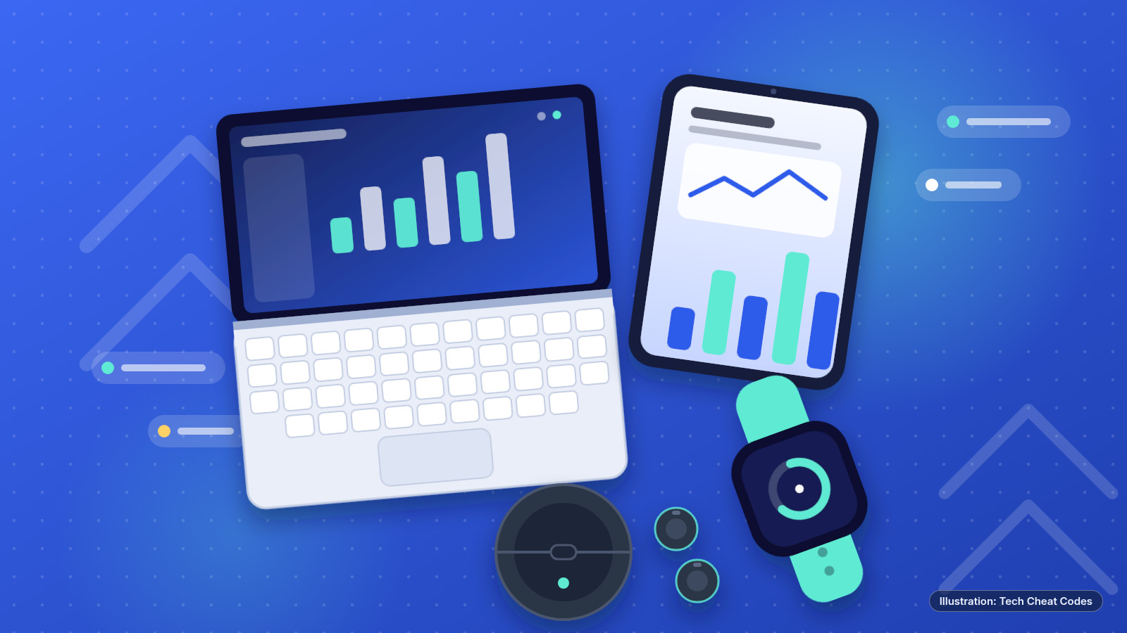 Illustration: a top-down view of a laptop, a tablet, a watch-style fitness tracker and round wireless earbuds in a round charging case on a blue background.