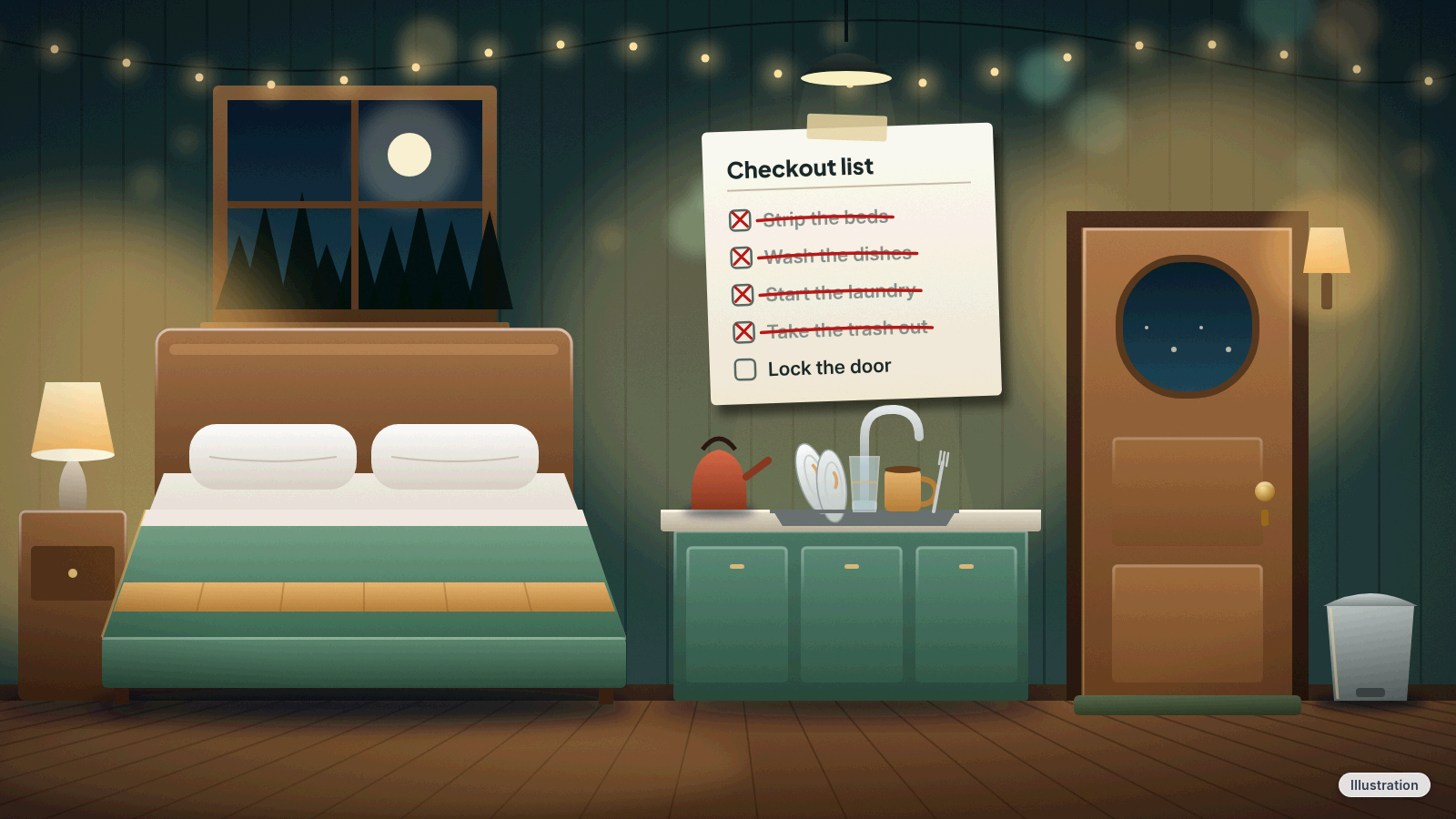 Illustration: a made bed, a sink with a few used dishes and a small trash bin beside a front door, with a checklist that has most items crossed out.