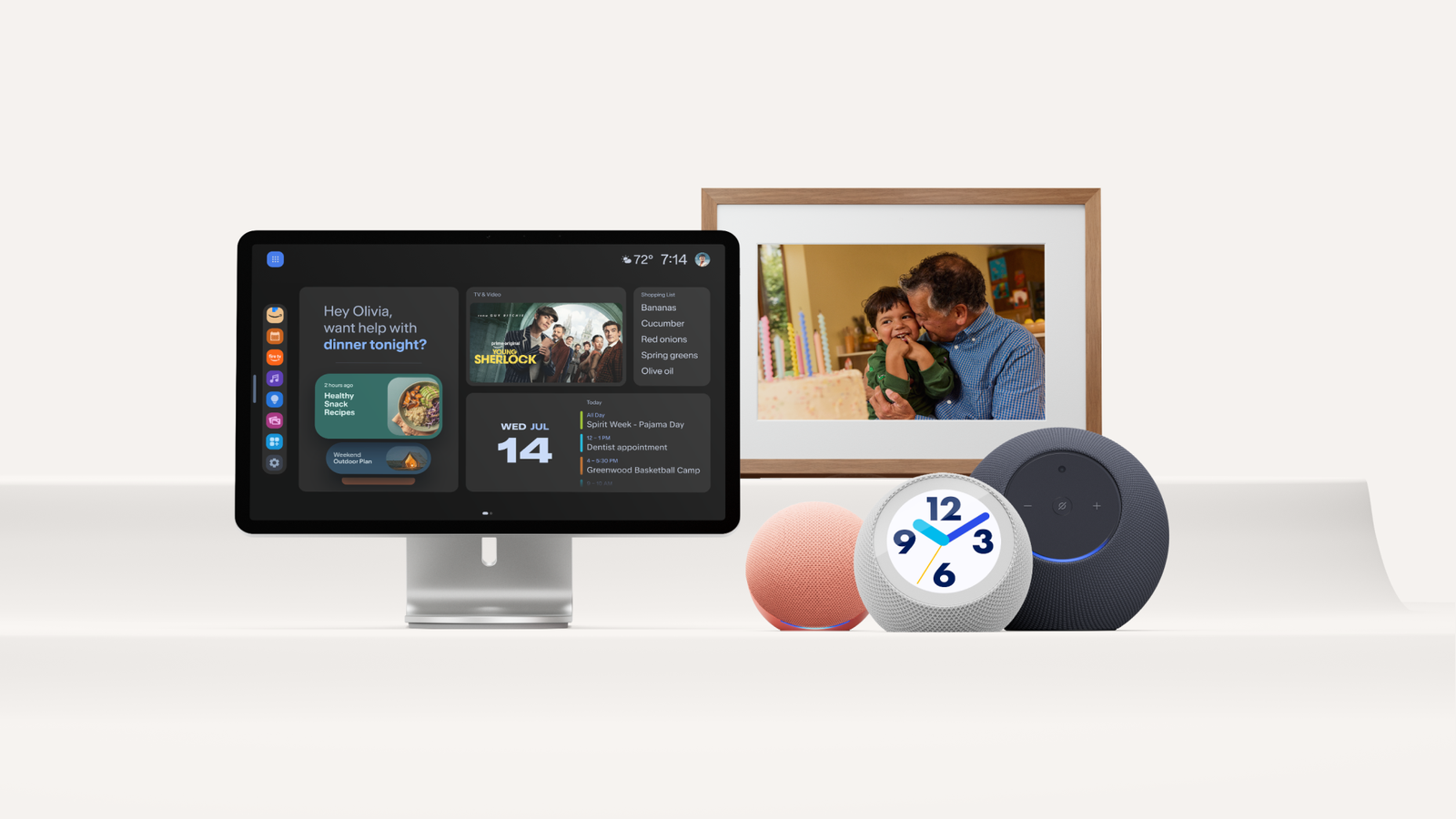 Photo: Amazon's new Echo Show 16, Alexa Photo Frame, Echo Time, Echo Studio with Home Camera and Echo Dot side by side.