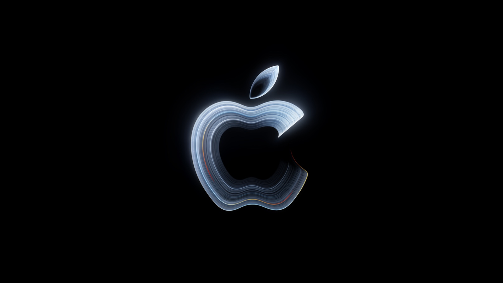Photo: Apple's glowing, swirling silver logo on a black background, the artwork Apple used to tease its Pro and tell event.