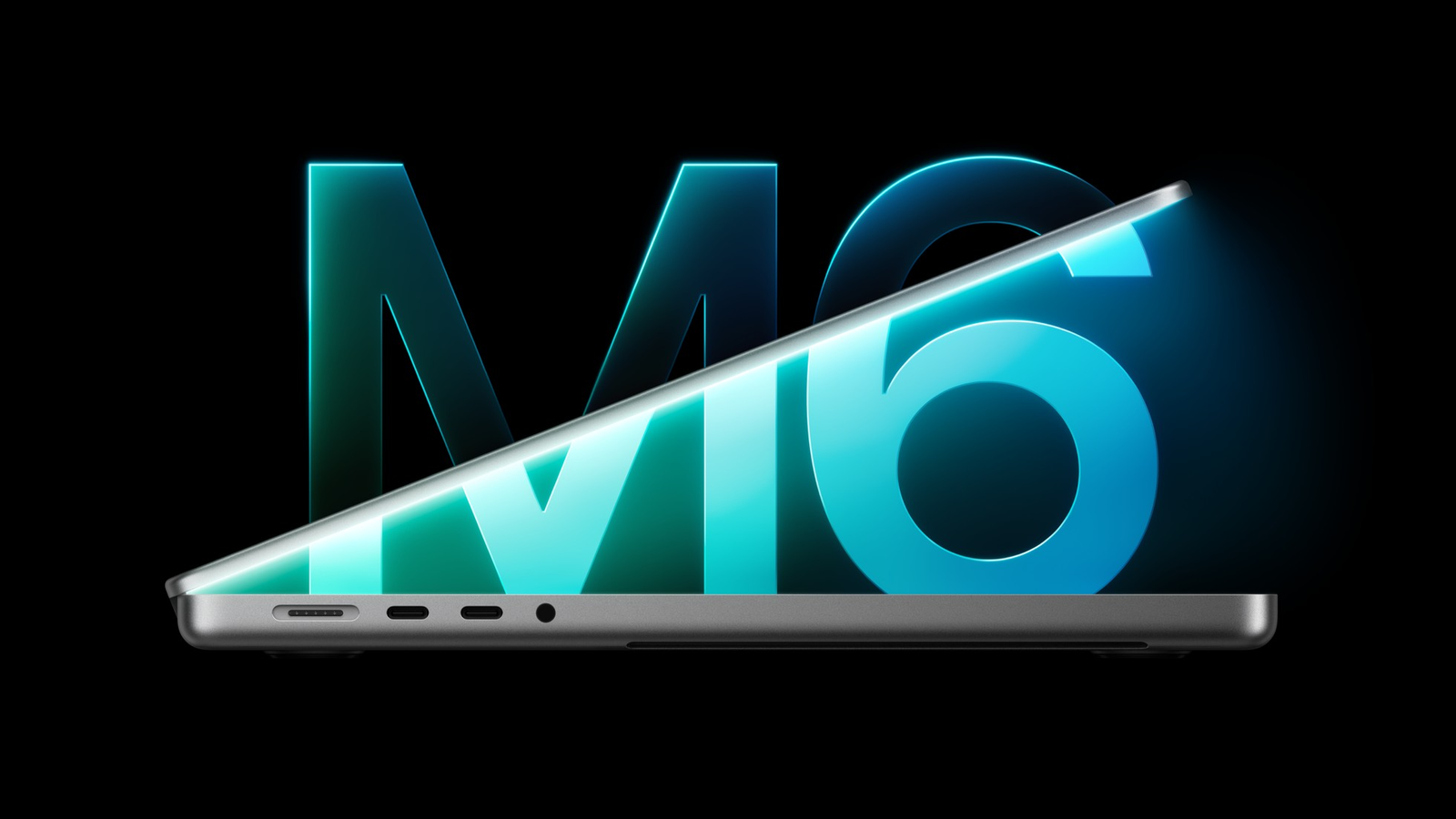 Photo: Apple's 14-inch MacBook Pro with M6, partly open in side view, in front of a glowing M6 logo.