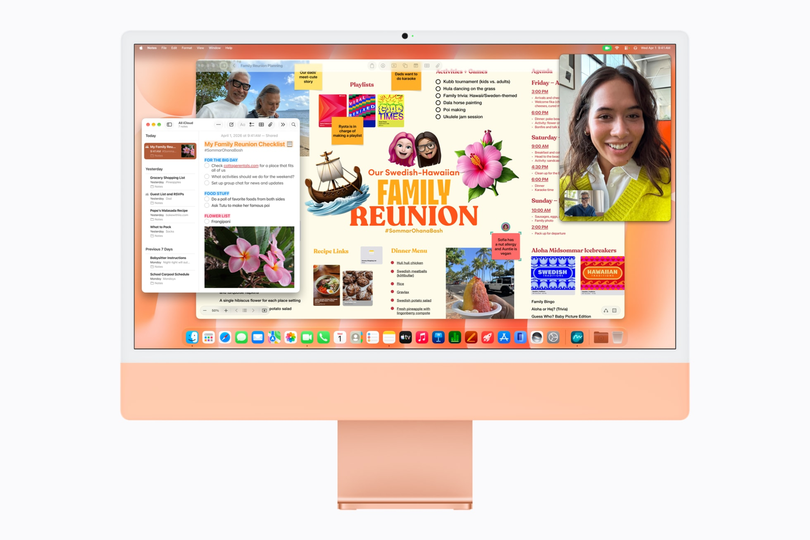 Photo: Apple's orange M6 iMac showing a family reunion plan in Freeform, Notes and a FaceTime call.