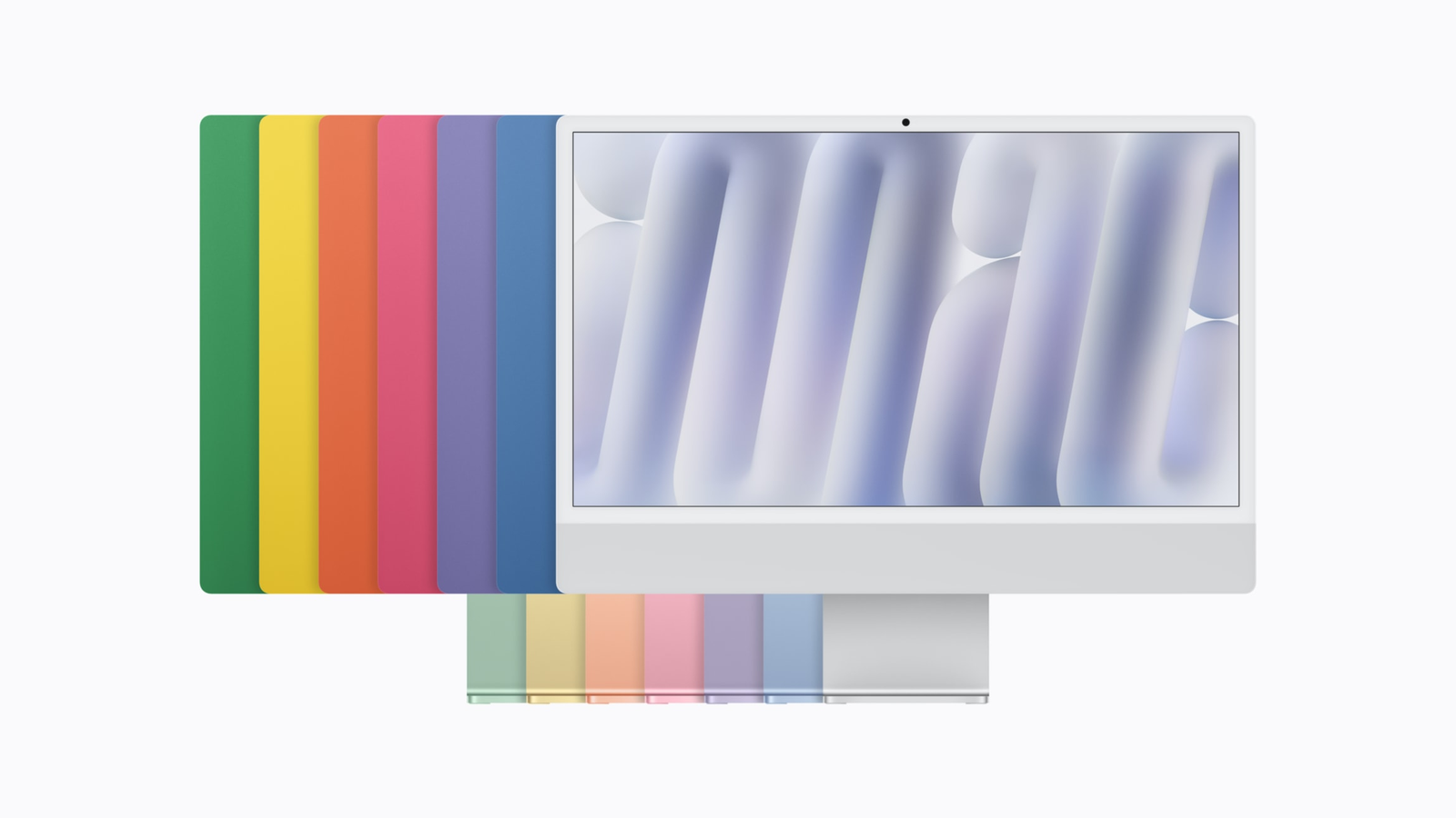 Photo: Apple's new M6 iMac in front of its seven color options.