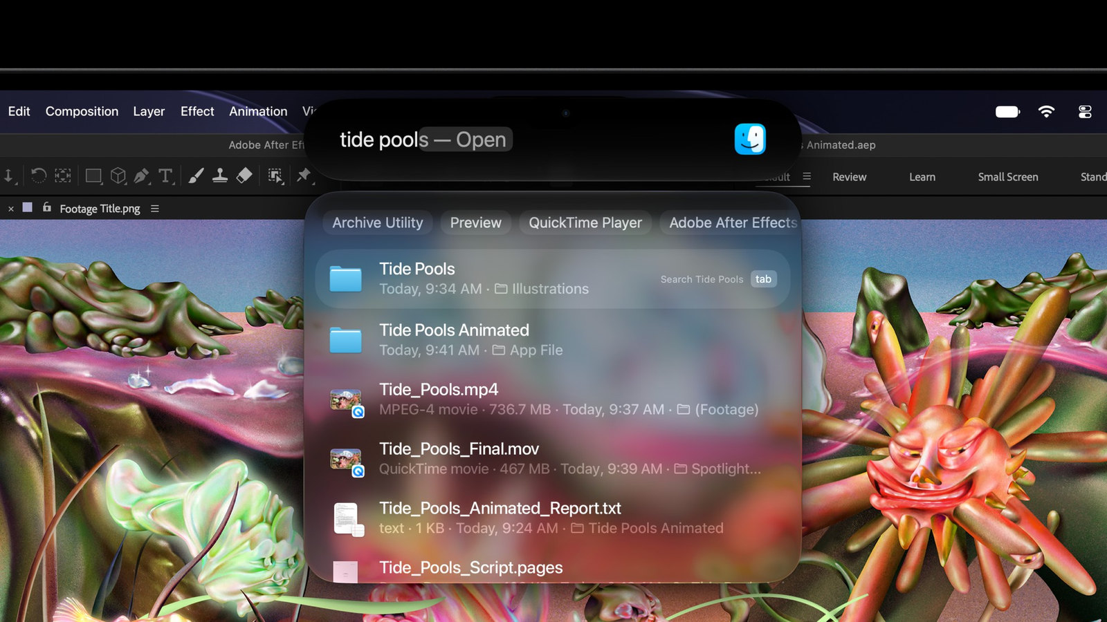 Photo: Spotlight search results opening from the Dynamic Island at the top of the new MacBook Pro's display.