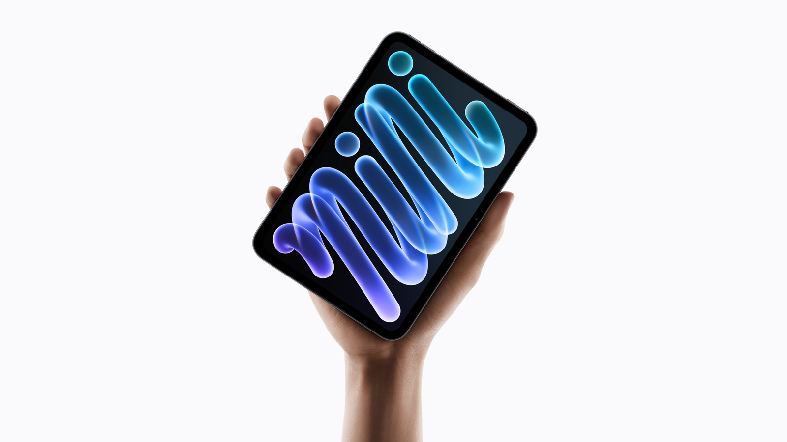 Apple's new iPad mini held up in one hand, shown from the front with its OLED screen on.
