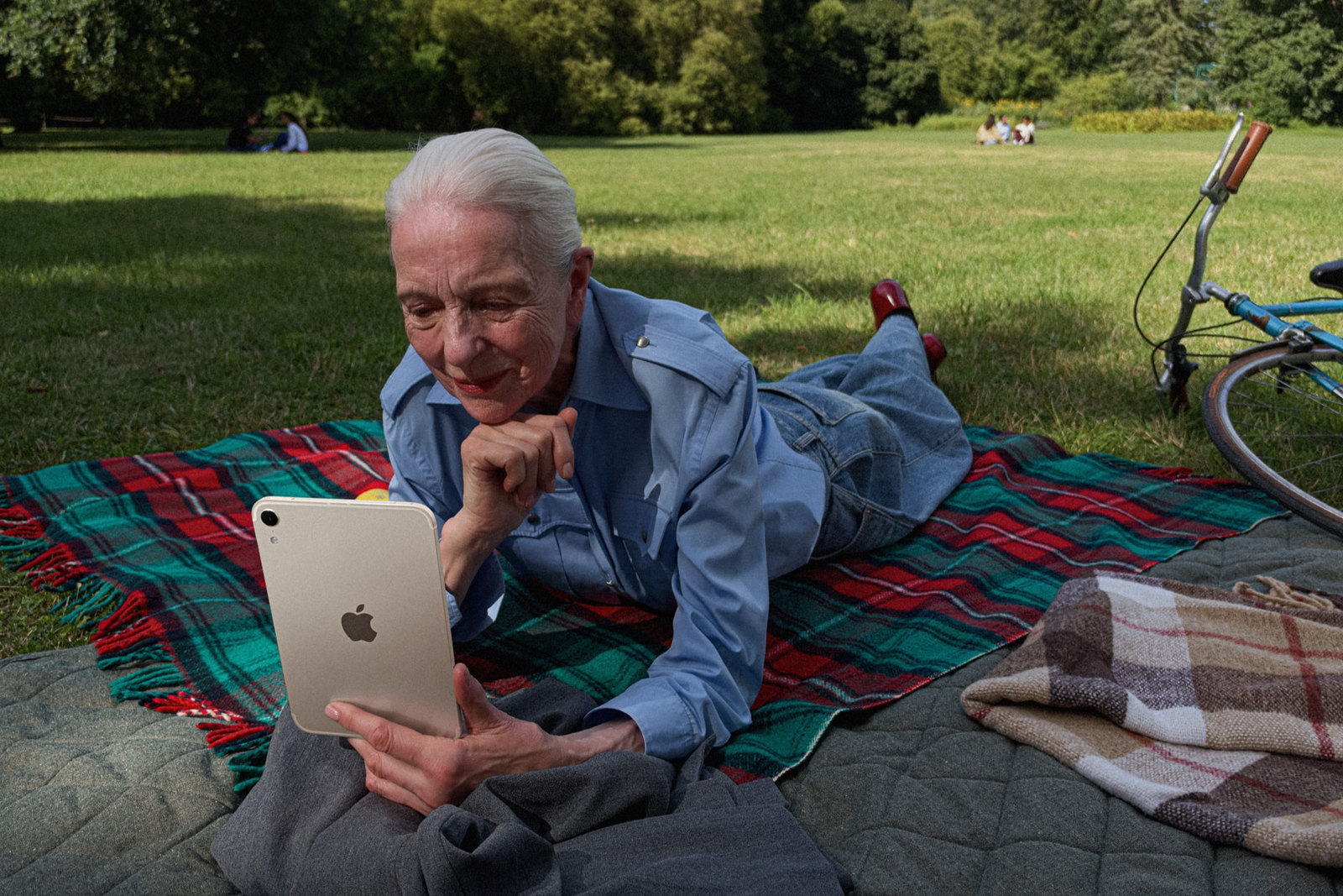Photo: A woman lying on a plaid picnic blanket in a park looks at a starlight iPad mini.
