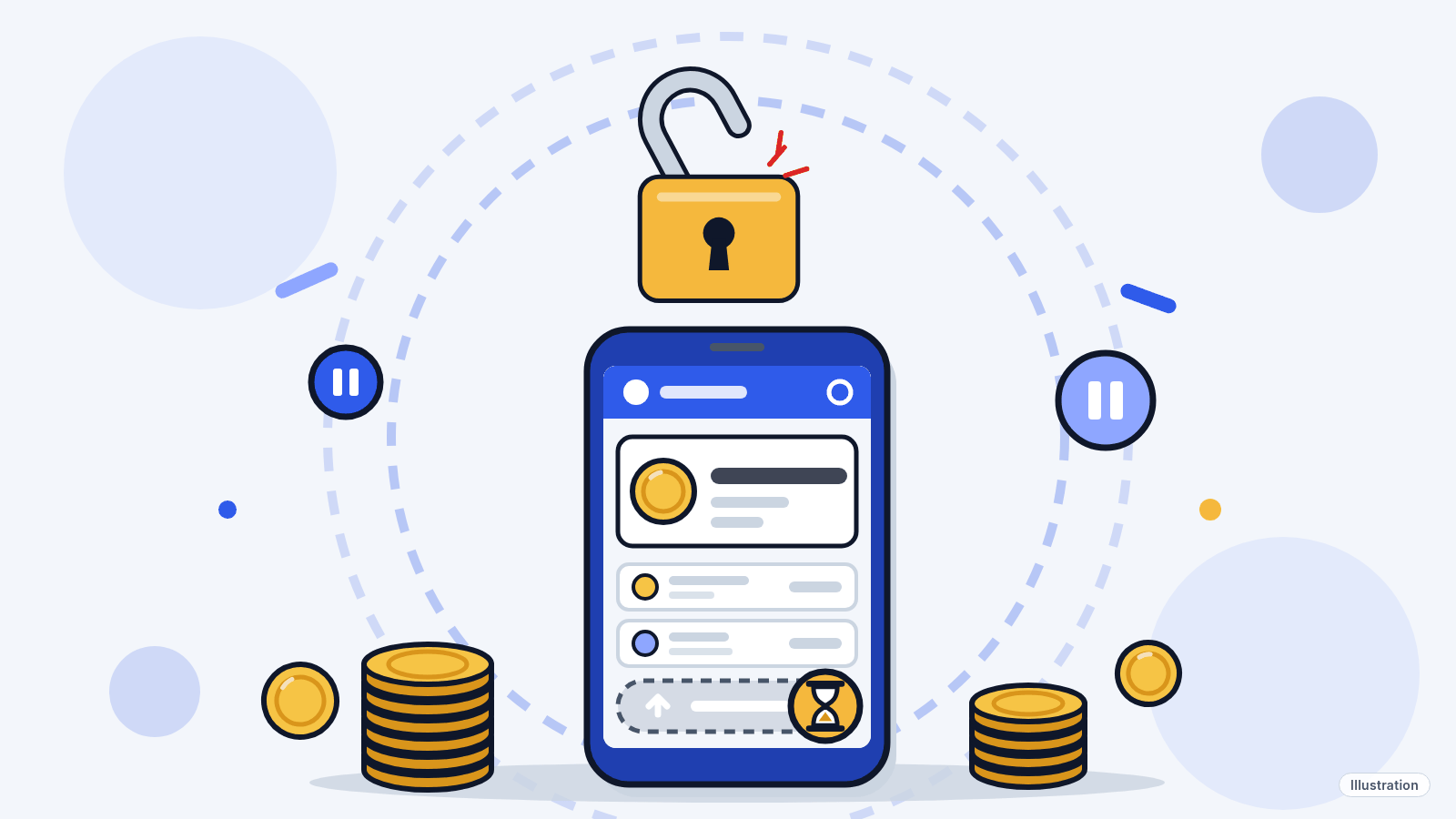 Illustration: a phone exchange app with gold coins and a grayed-out withdraw button marked with an hourglass, under a broken-open padlock.