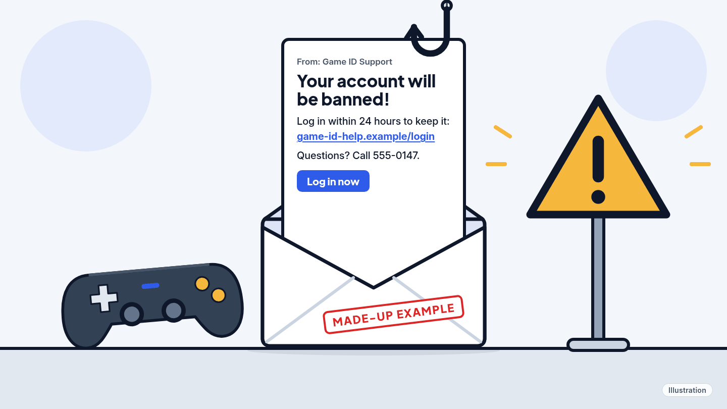 Illustration: a fake email titled "Your account will be banned!" pokes out of an open envelope, caught on a fishing hook, between a game controller and a caution sign. It's stamped "MADE-UP EXAMPLE."