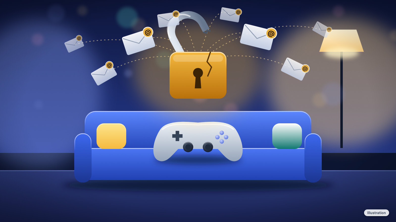Illustration: a game controller on a blue couch in a lamp-lit living room, under a cracked, broken-open padlock with email envelopes flying out on dotted trails.