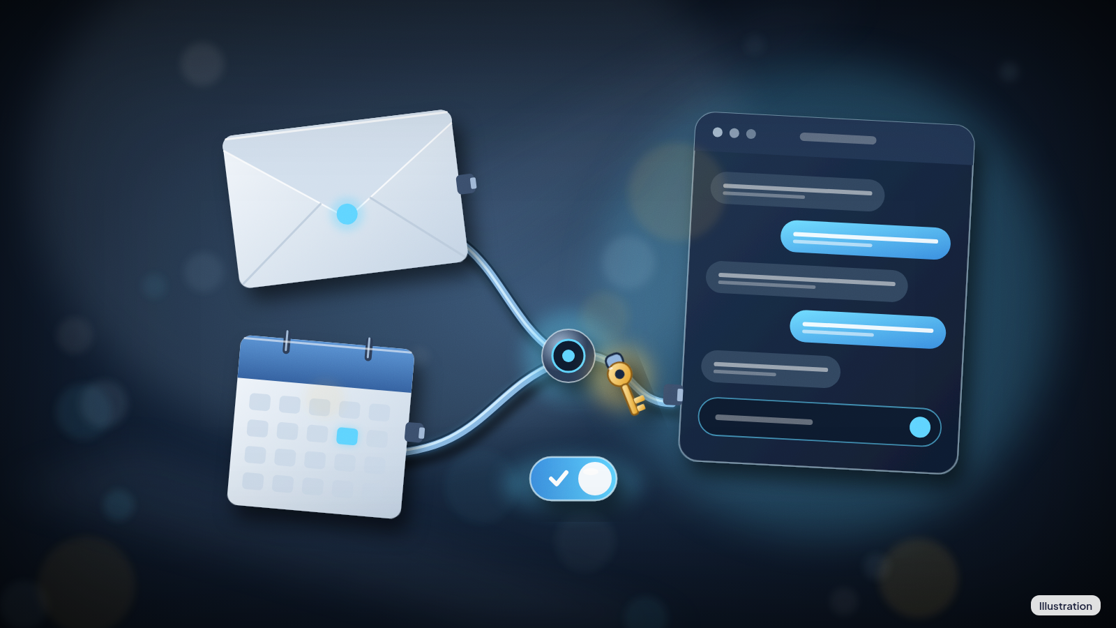 Illustration of an envelope and a calendar page linked by cables to a chat window, with a gold key on the cable and a switch turned on.