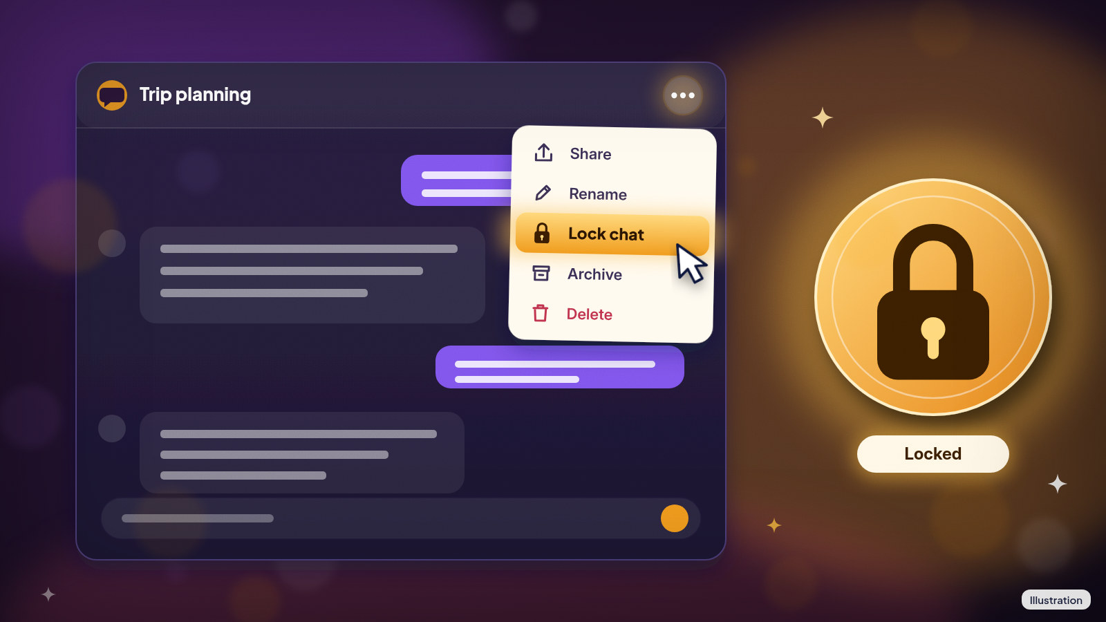 Illustration: A chat's three-dot menu open with 'Lock chat' highlighted.