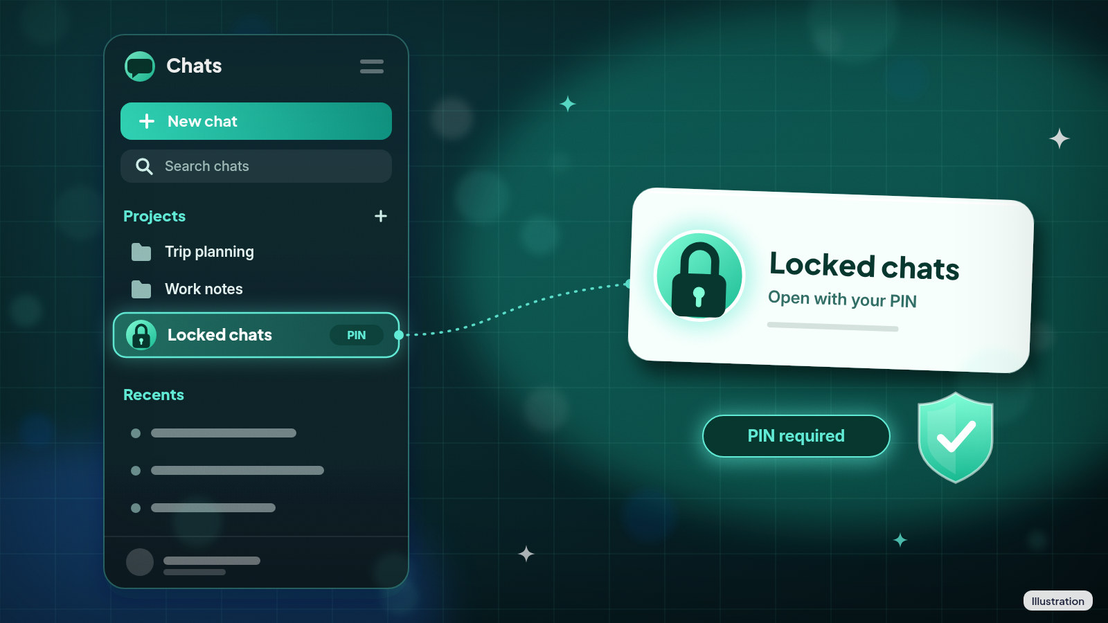 Illustration: A chat sidebar with a 'Locked chats' item that needs a PIN to open.