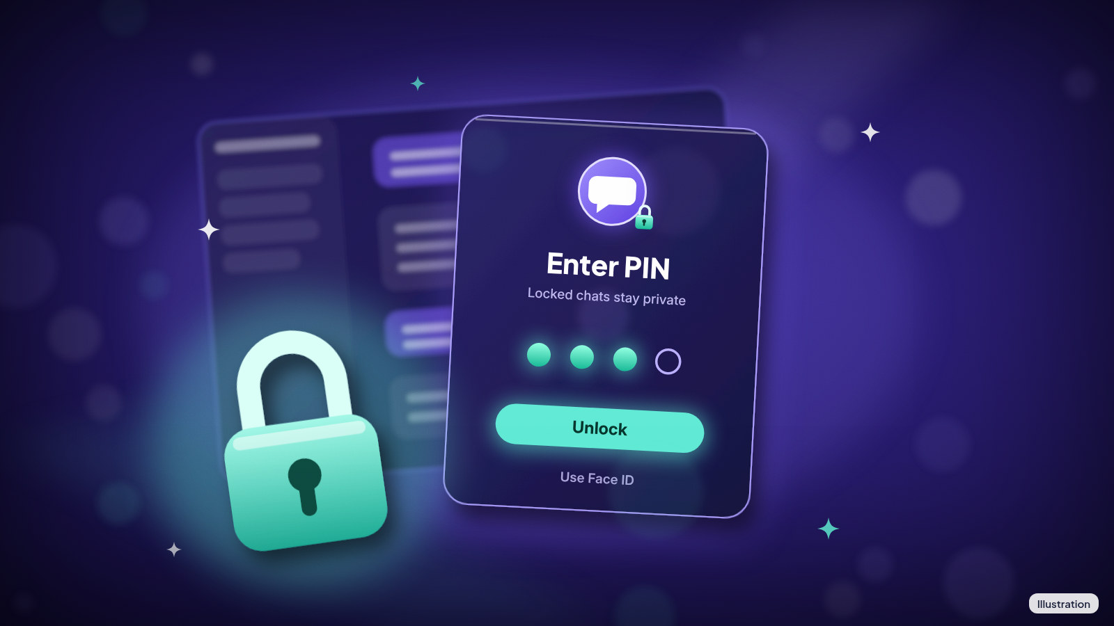 Illustration: An 'Enter PIN' panel with three of four digits entered and an Unlock button, beside a green padlock.