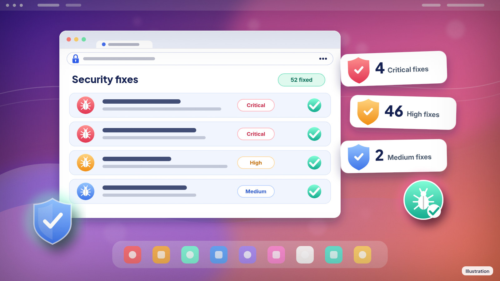 Illustration: A browser list of fixed security bugs beside cards reading 4 Critical, 46 High and 2 Medium fixes.