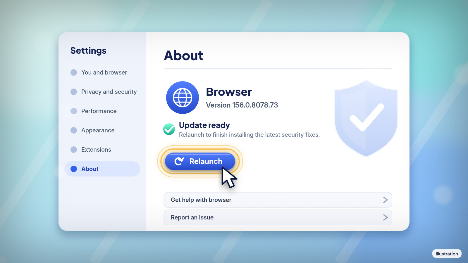 Illustration: A browser's About settings page showing Version 156.0.8078.73 and 'Update ready,' with the Relaunch button highlighted.
