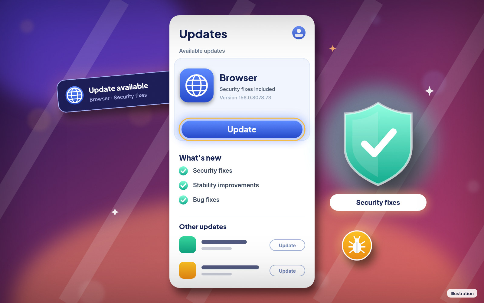 Illustration: An Updates panel with a highlighted Update button for the browser, beside a green security shield.