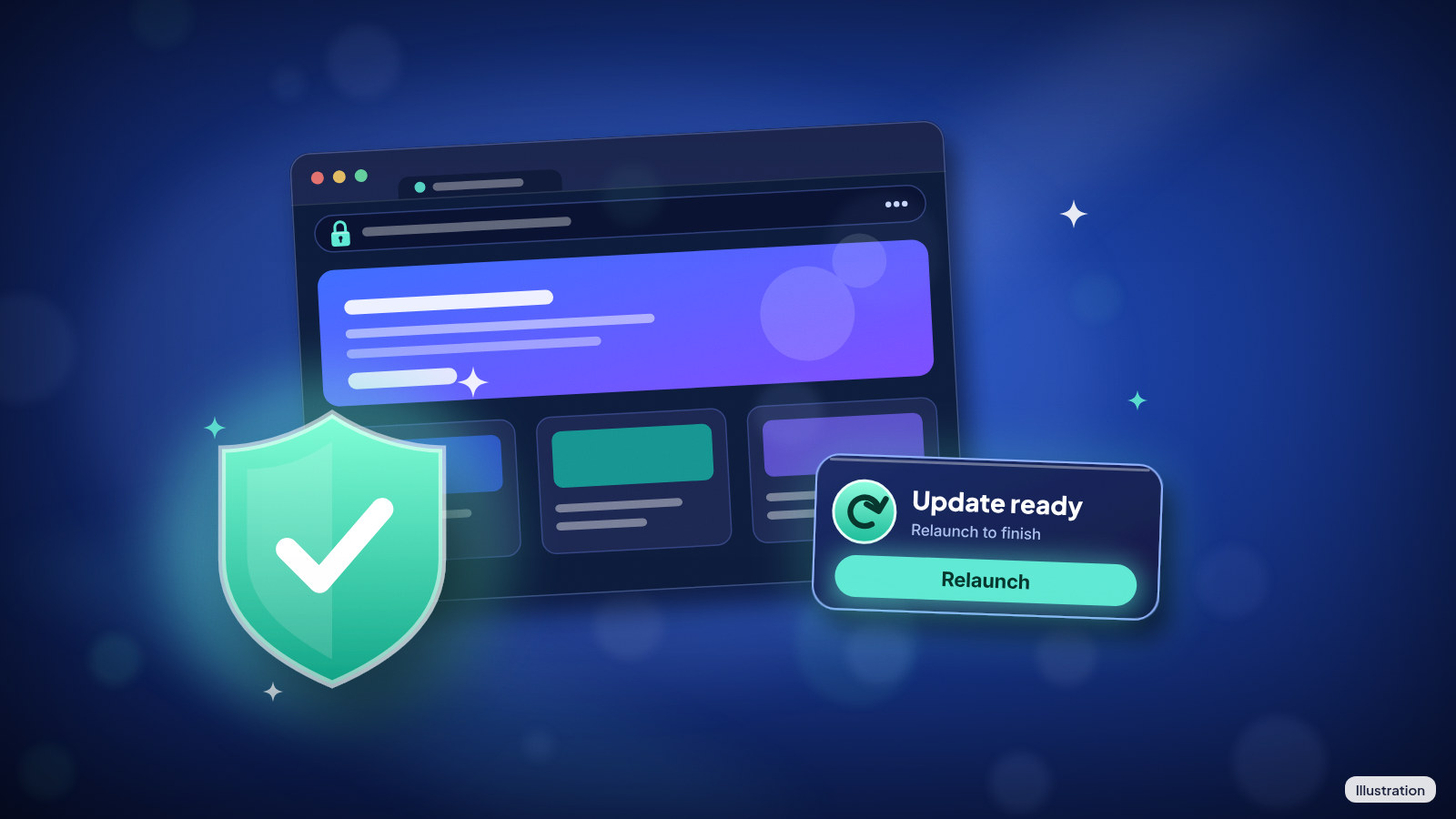 Illustration: A generic browser window on a dark blue background with a green security shield and an 'Update ready, Relaunch' card.