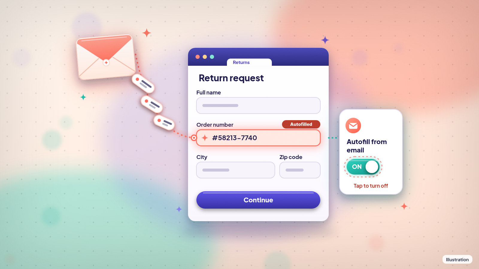 Illustration of an envelope sending a line of text into a web form field, with a small switch beside the form.