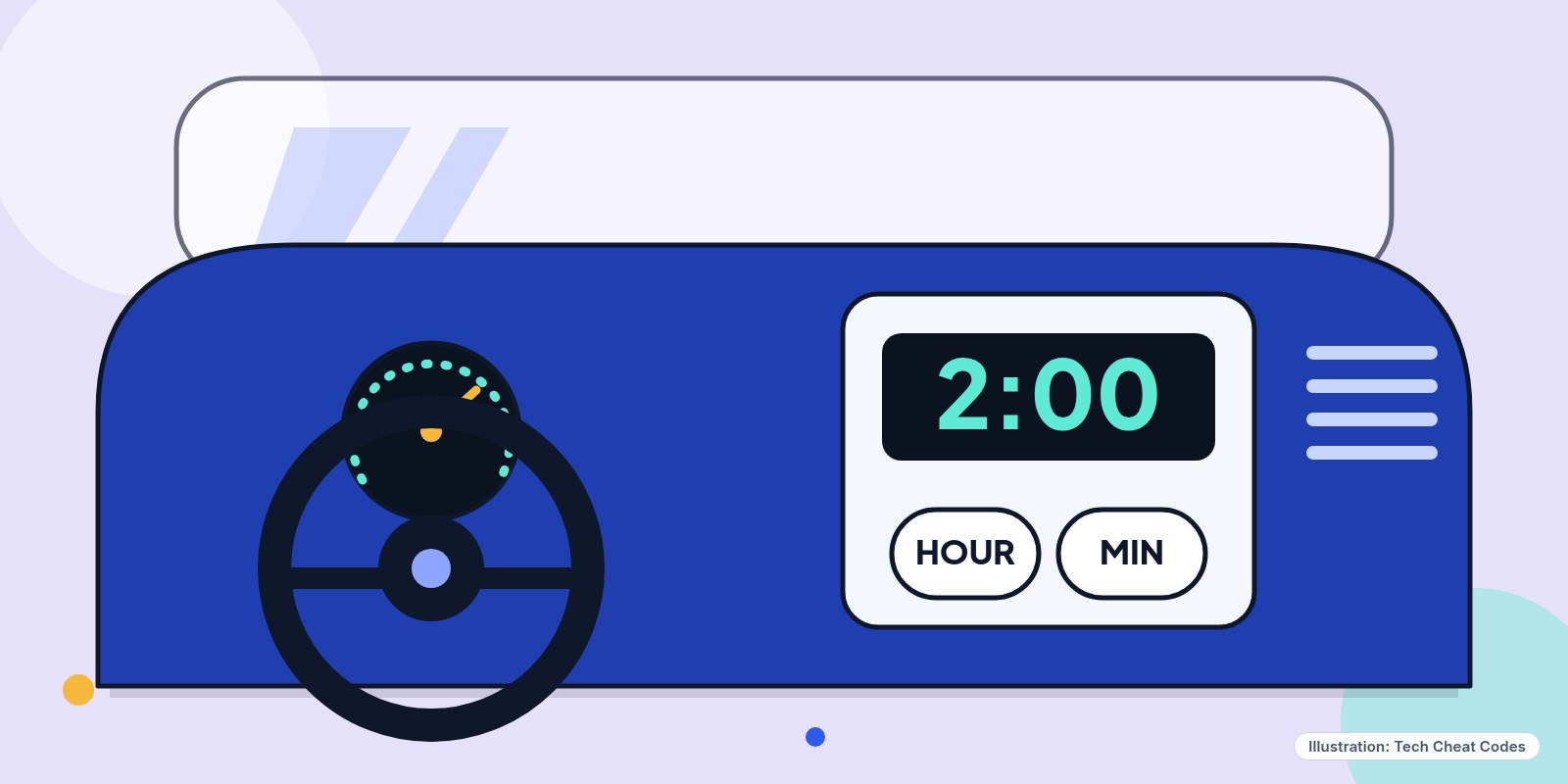 Illustration: a car dashboard with a small clock display and its hour and minute buttons beside it.