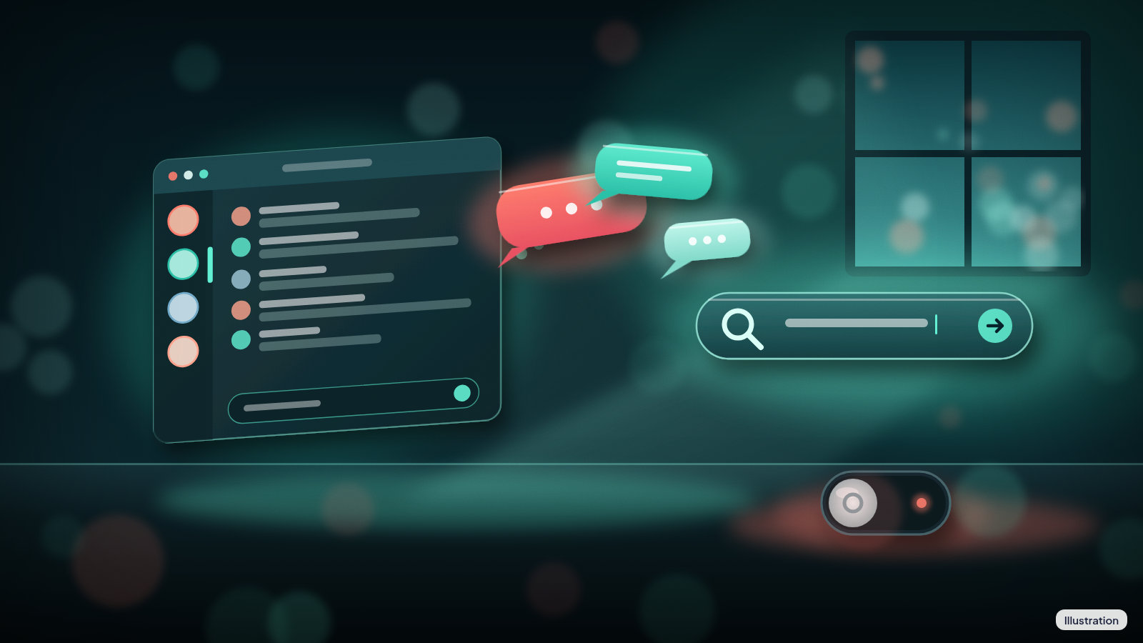 Illustration of chat bubbles floating out of a chat window toward a search bar, with a small switch turned off.