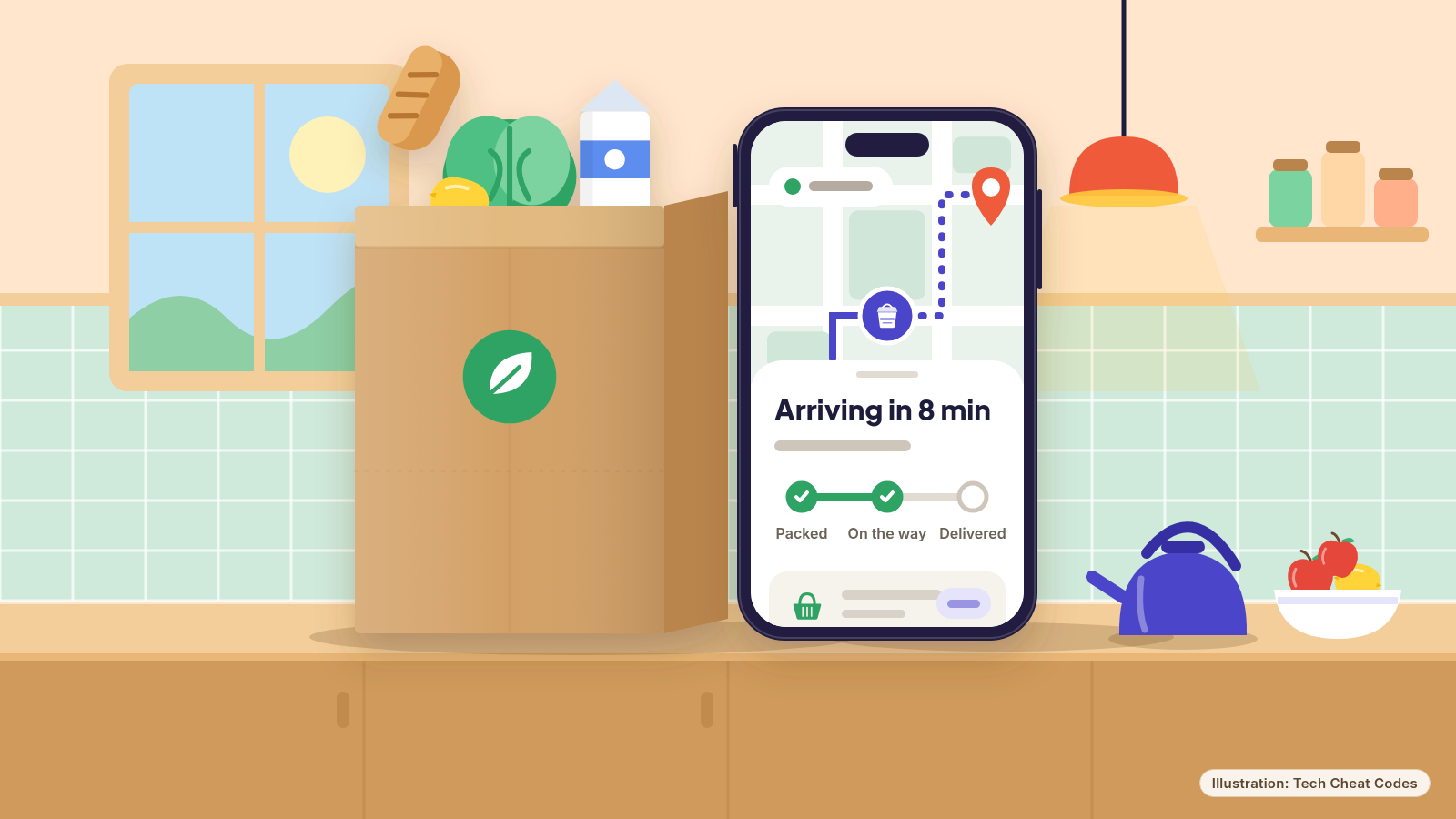 Illustration: a kitchen counter with a paper grocery bag and a smartphone showing a delivery tracker that reads "Arriving in 8 min".