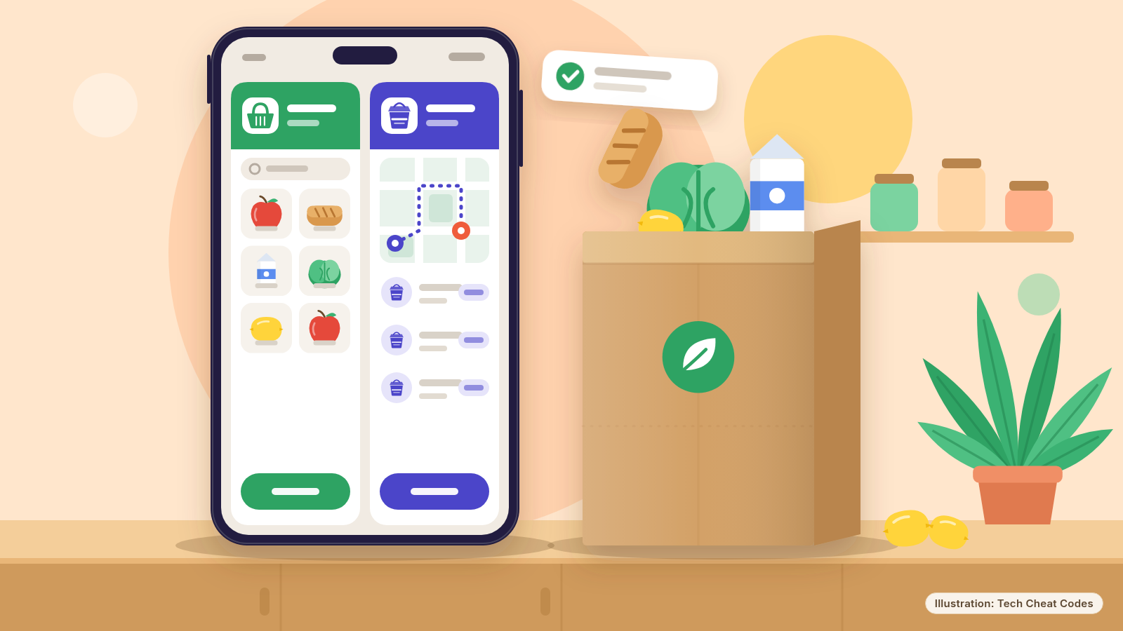 Illustration: a smartphone showing two grocery and food delivery apps side by side, with a paper grocery bag beside it.