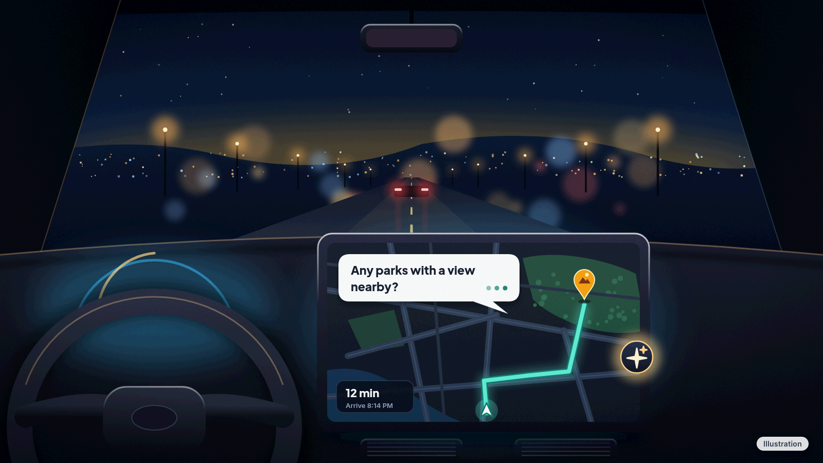Illustration: a car dashboard screen showing a map route with a small spark-shaped button on the right edge and a speech bubble asking about a park with a view.